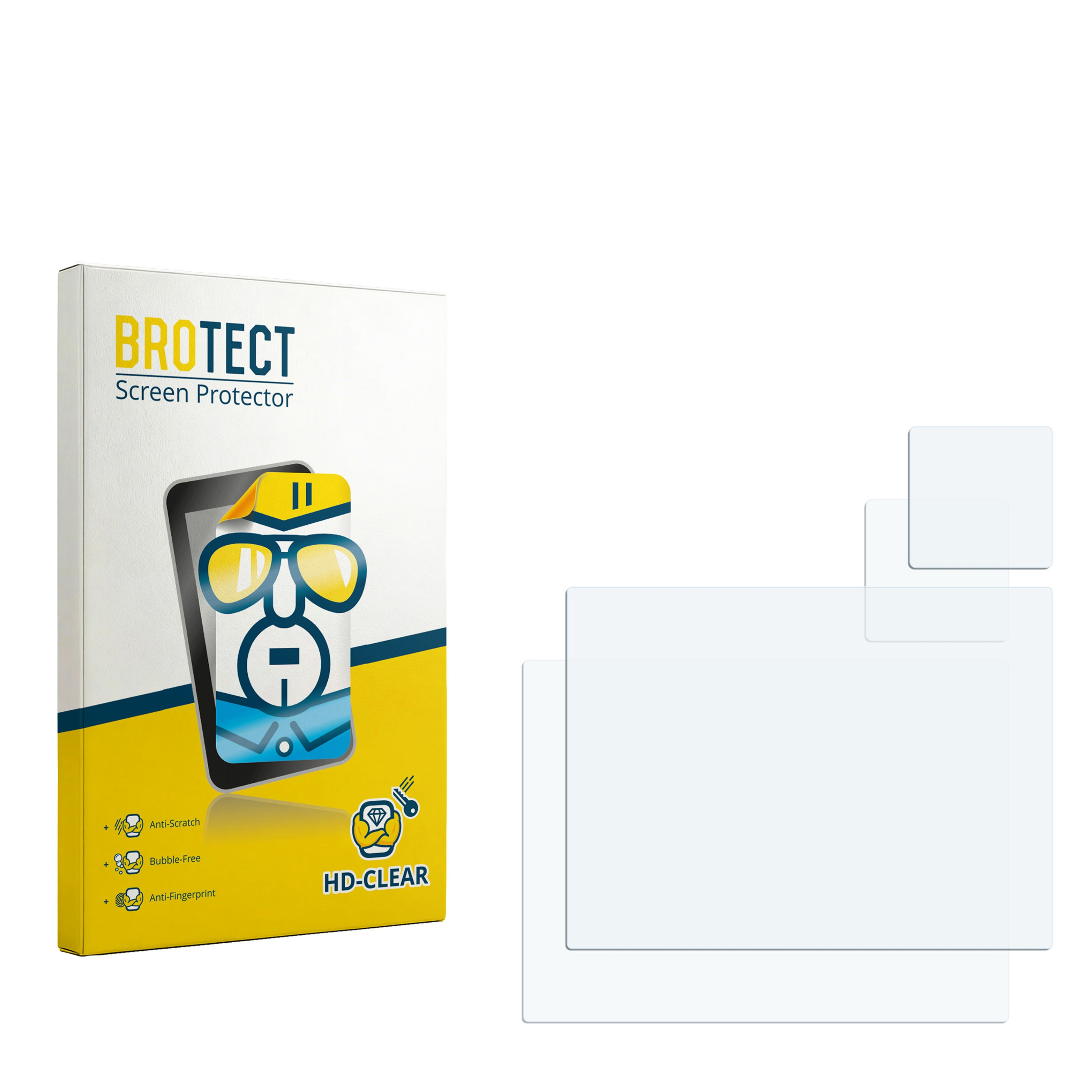 BROTECT Displayschutzfolien-Verpackung mit aufgelisteten Merkmalen, neben klaren Displayschutzfolien.