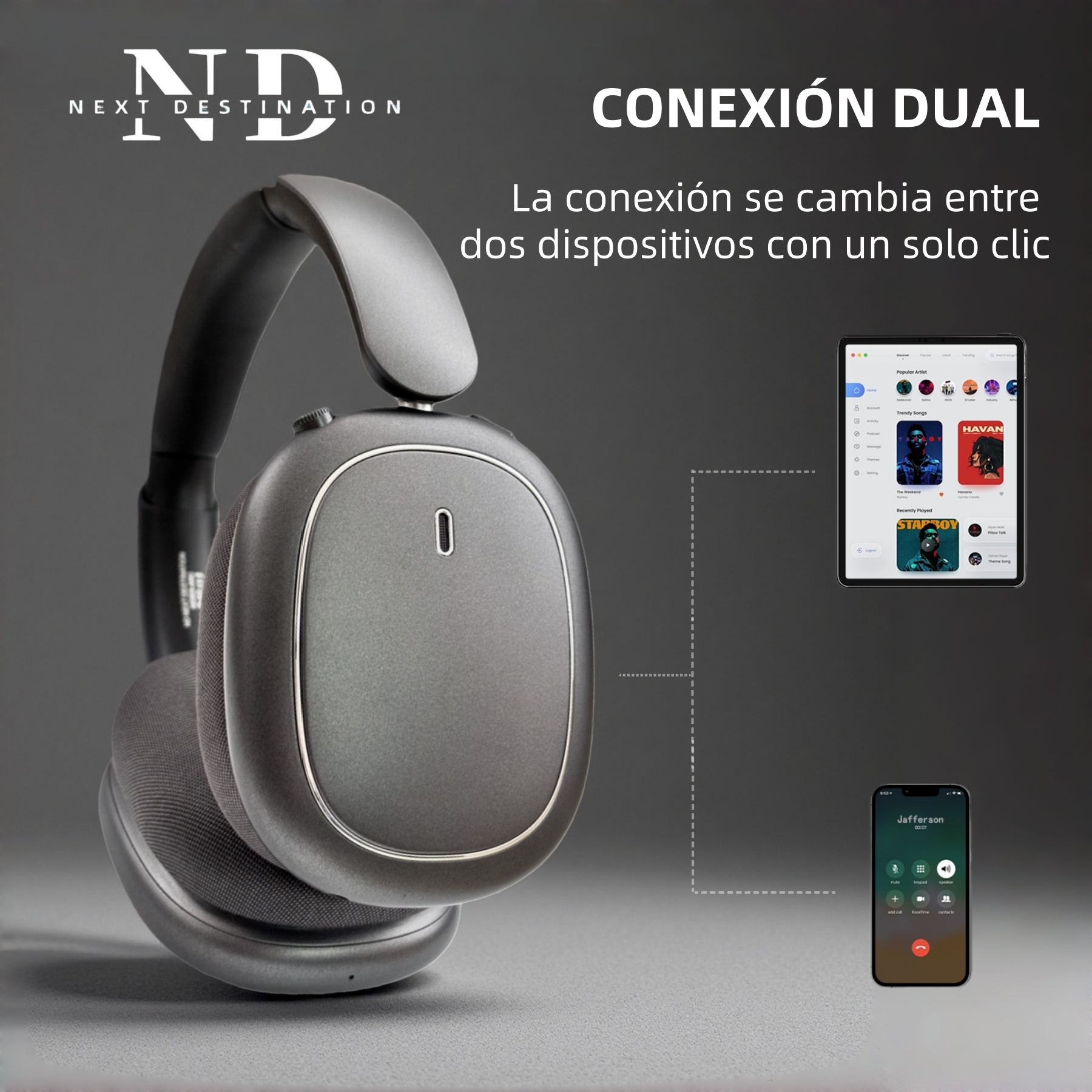 Auriculares grises, una tablet con música y un teléfono mostrando una llamada.