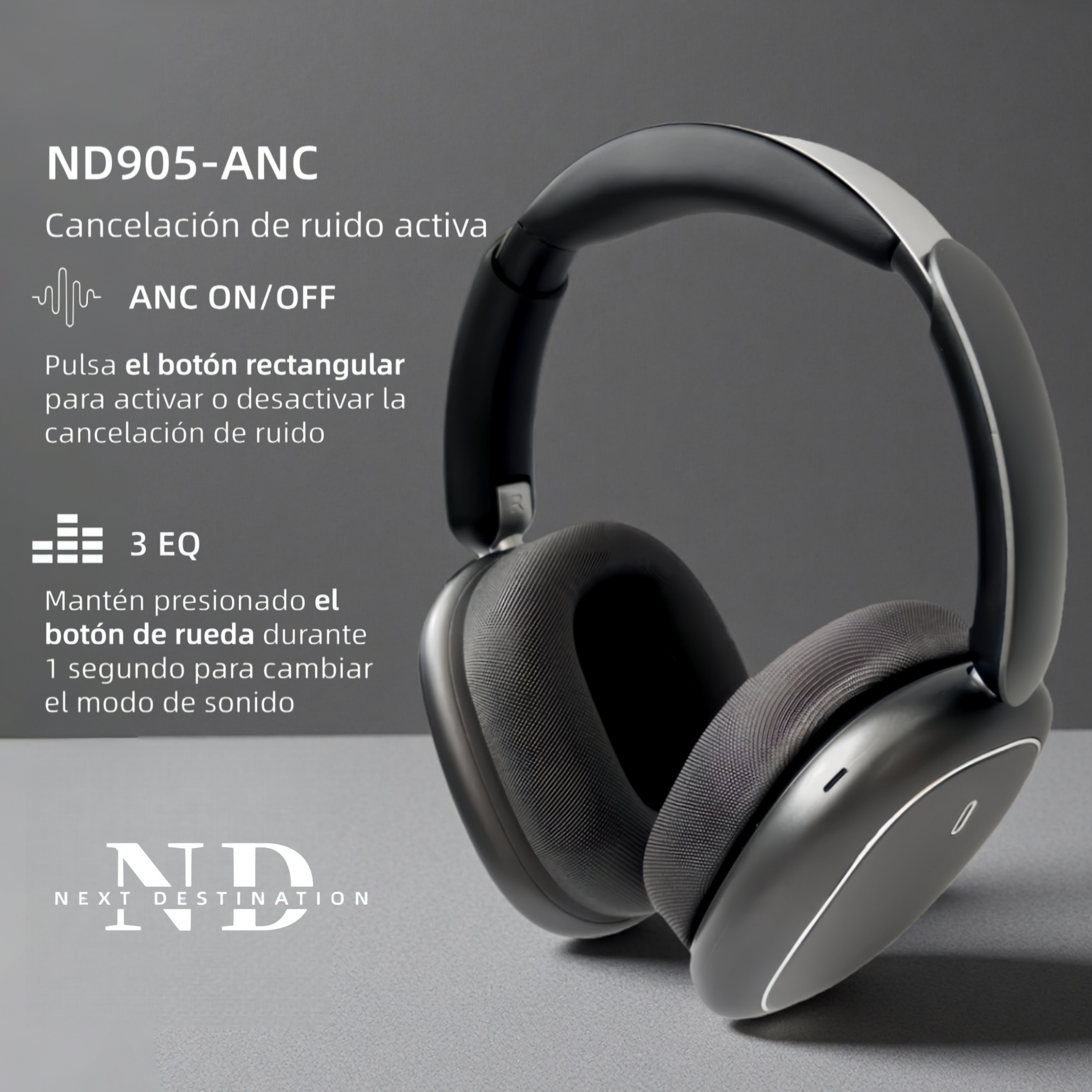 Auriculares grises con cancelación activa de ruido y 3 modos EQ.