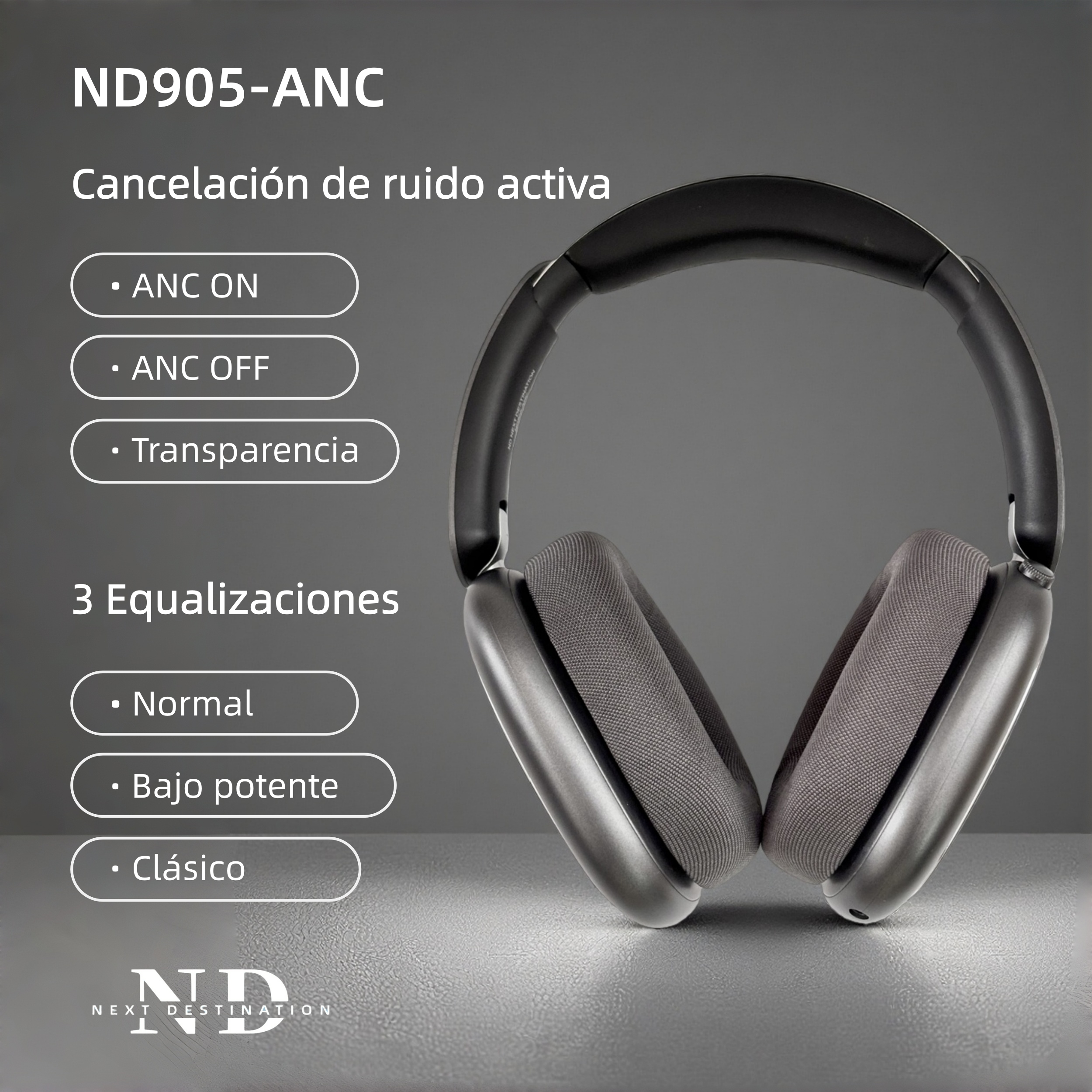 Auriculares grises con texto sobre cancelación de ruido y opciones de ecualización.