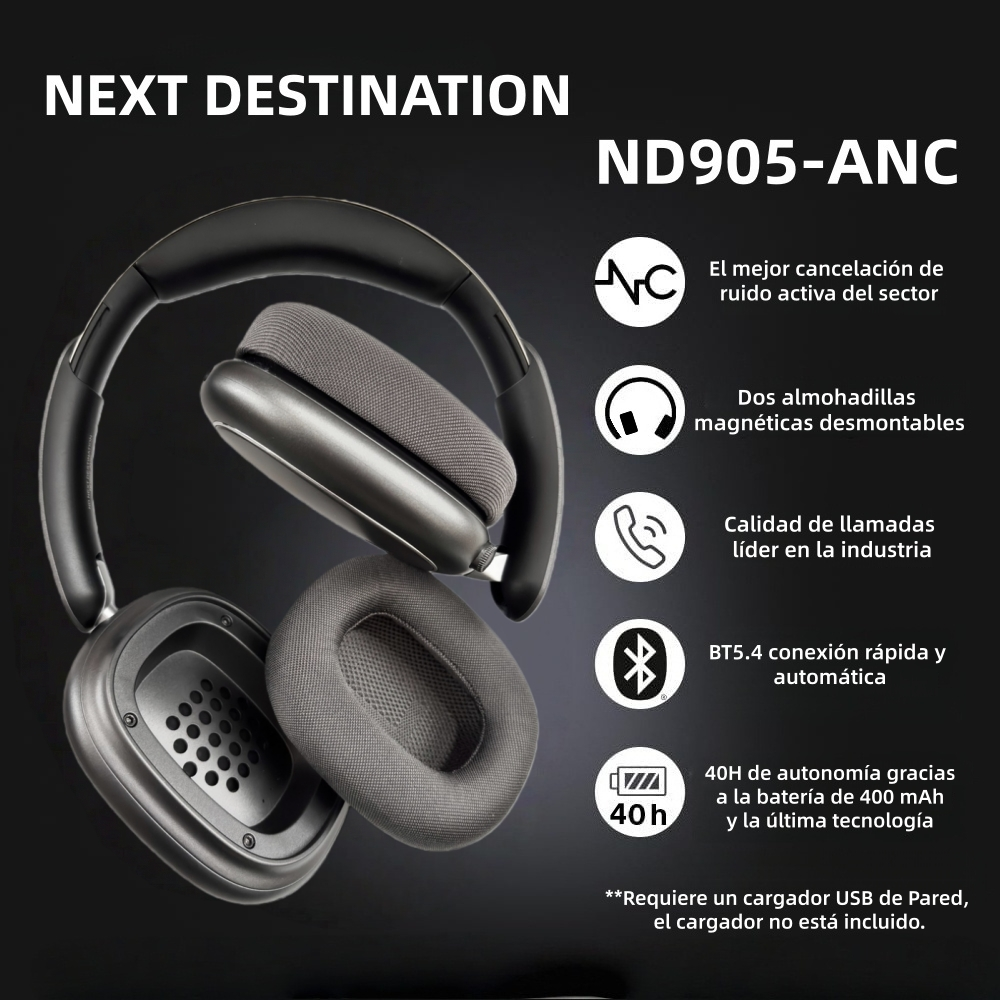 Auriculares grises con texto que destaca características como cancelación de ruido y batería.