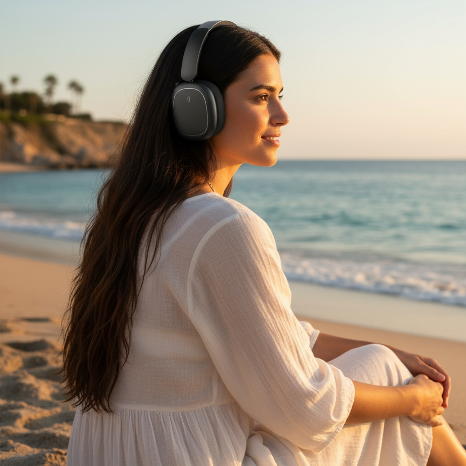 Mujer con auriculares en la playa al atardecer.