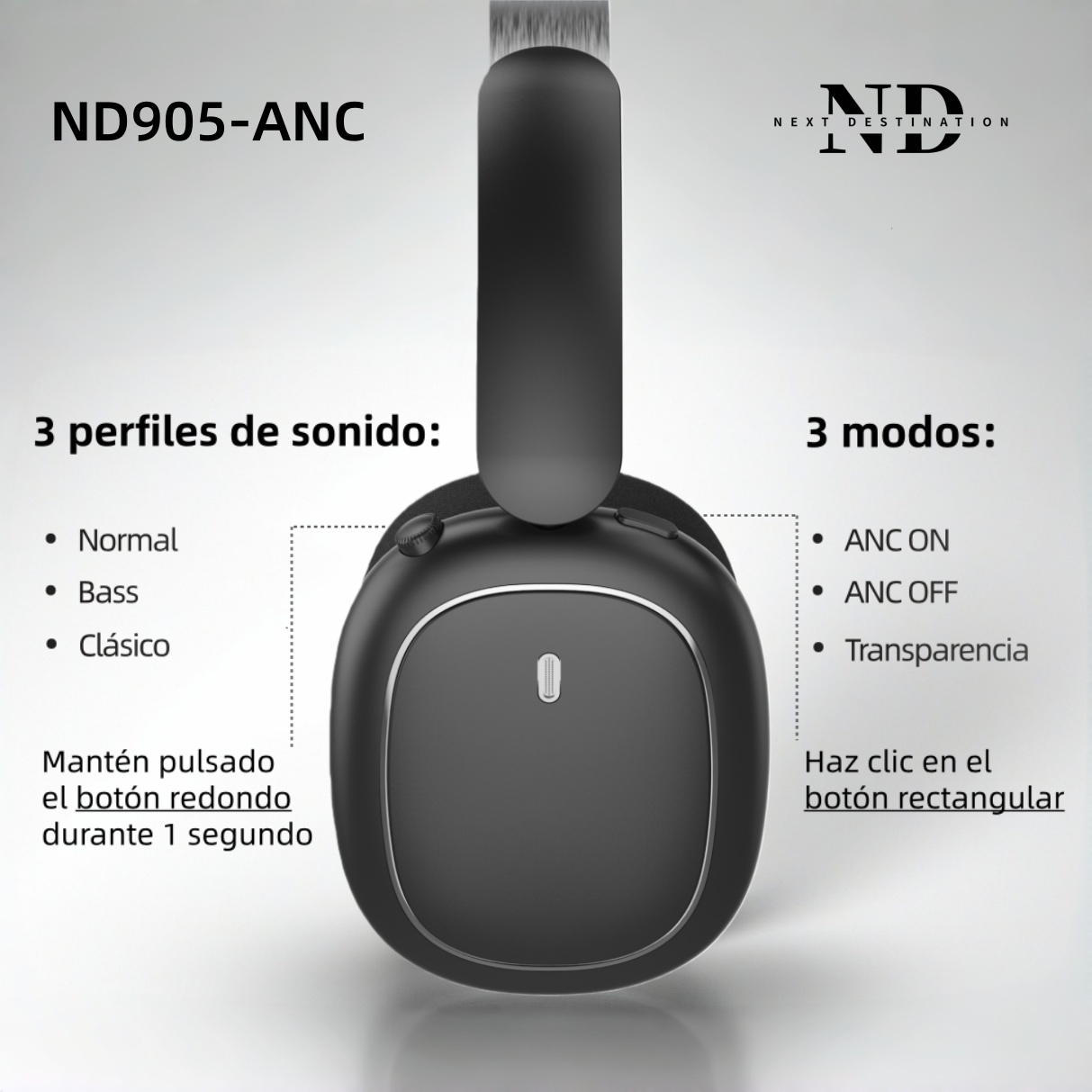 Auriculares negros con texto explicando 3 perfiles de sonido y 3 modos.