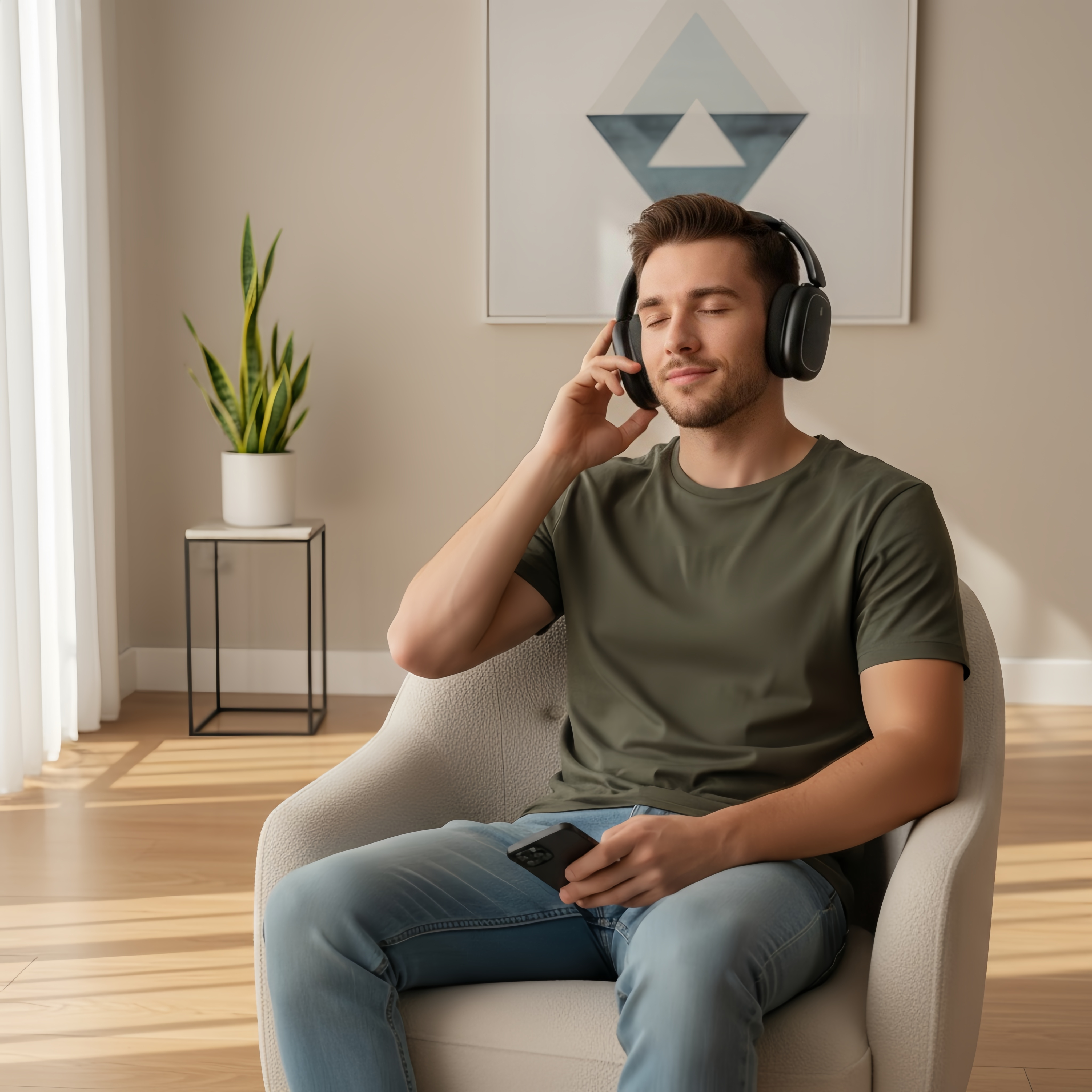 Un hombre con auriculares se sienta en un sillón sosteniendo un teléfono.