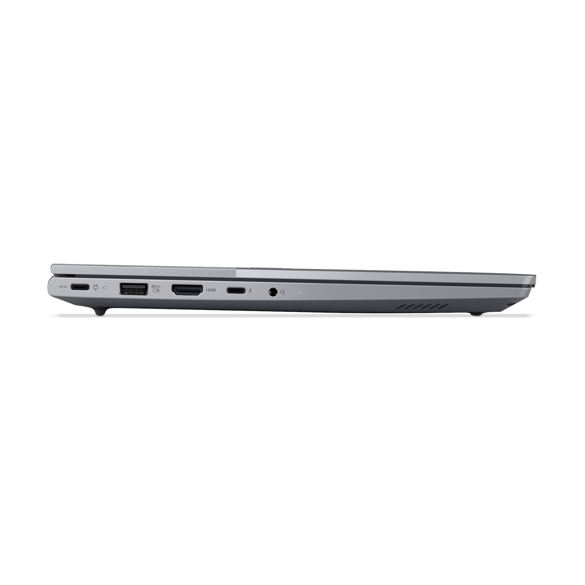 Laptop grigio; porte USB-C, USB-A, HDMI e jack per cuffie visibili.