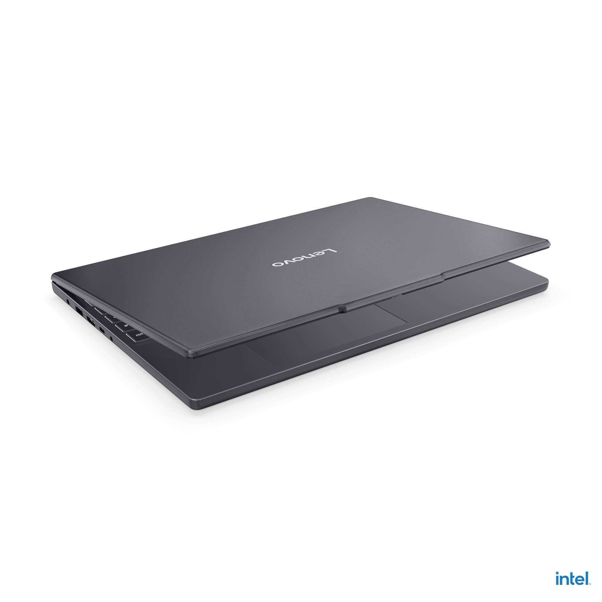 Laptop Lenovo grigio scuro chiuso con logo Intel.