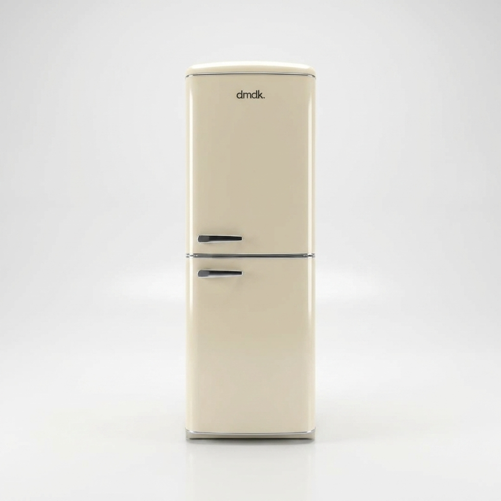Un refrigerador de estilo retro color crema con dos puertas y tiradores plateados.