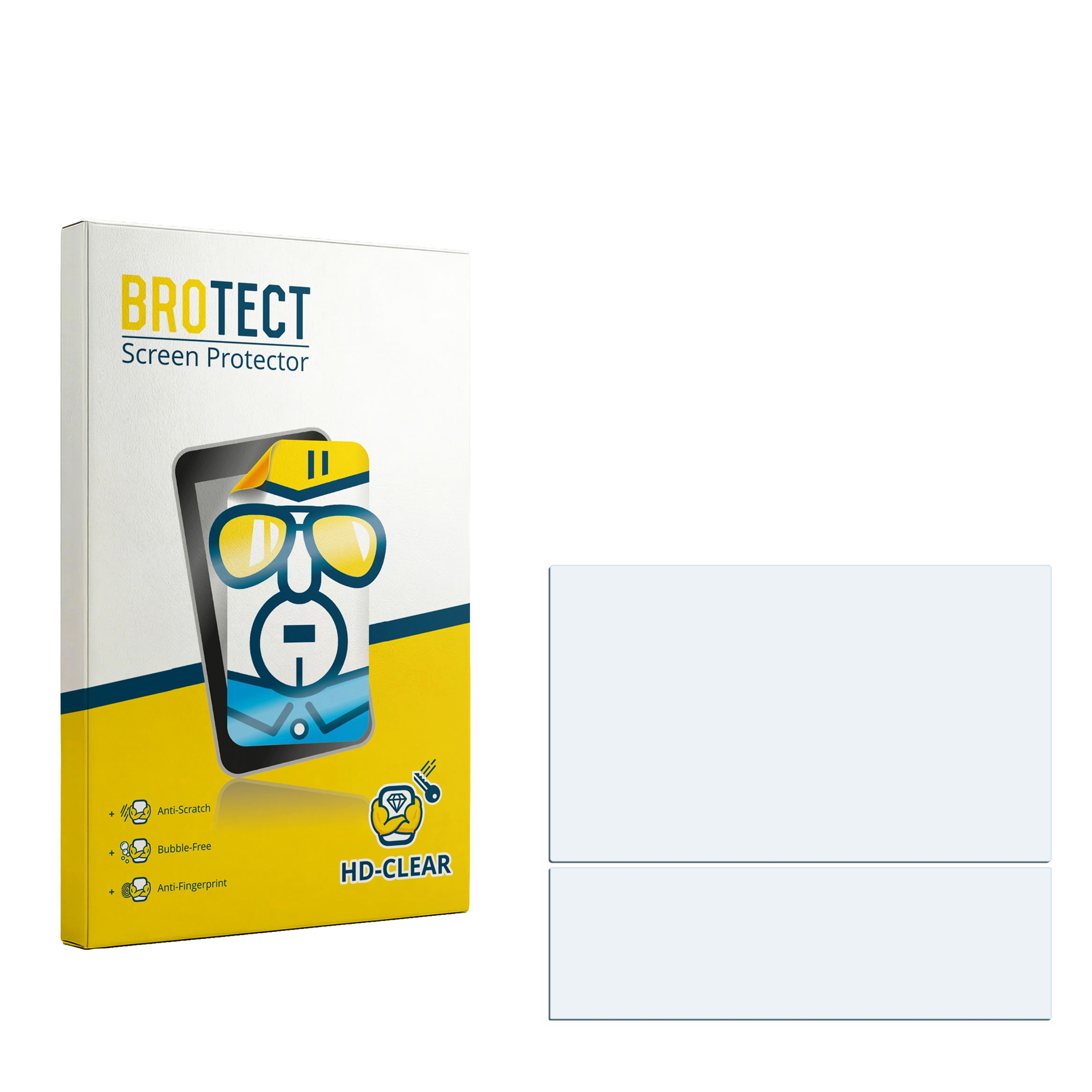 Verpackung für BROTECT Displayschutzfolie mit Comic-Figur und Eigenschaftssymbolen.