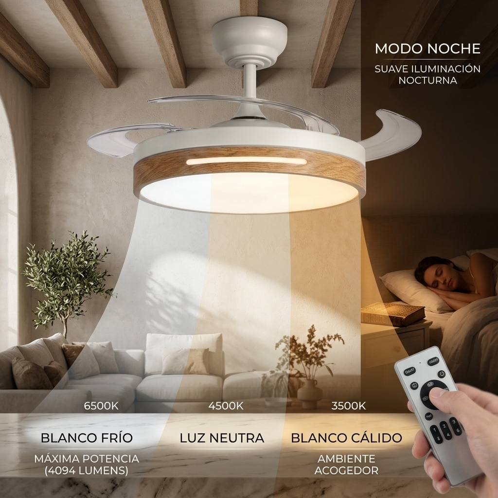 Ventilador de techo con luz, mostrando tres temperaturas de color: blanco frío, neutro y cálido.