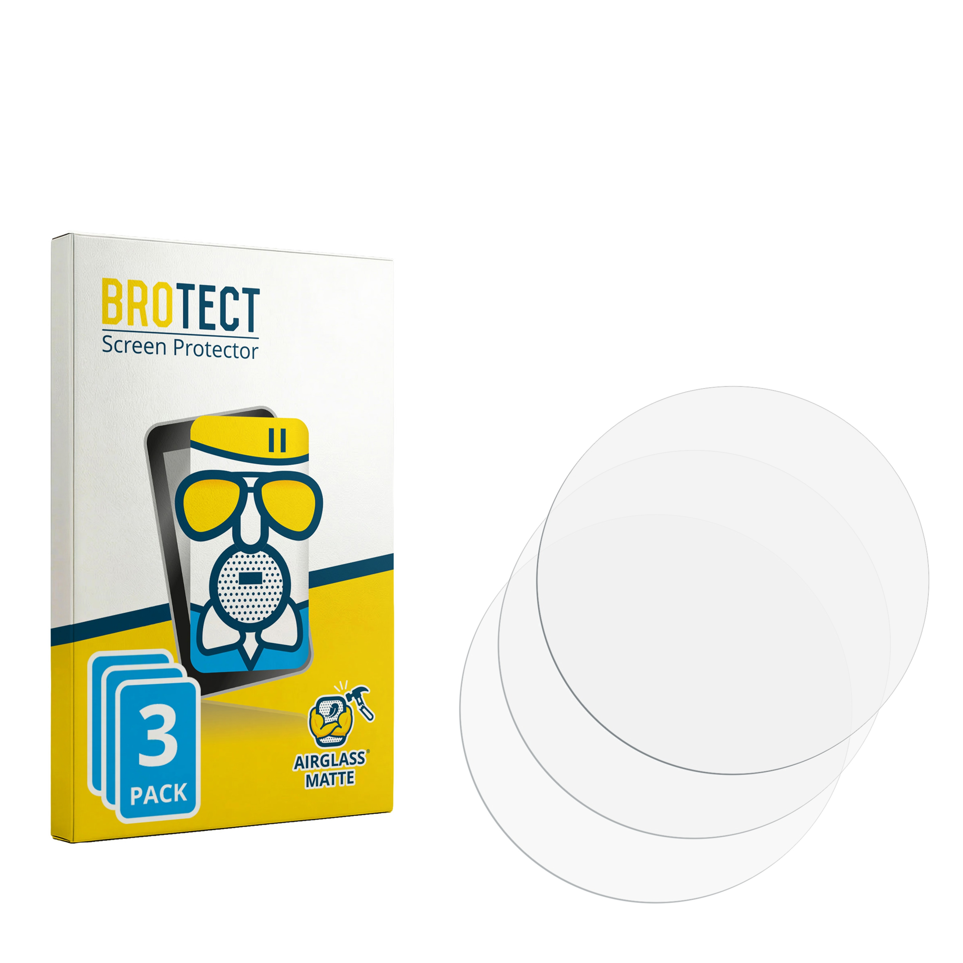 Verpackung für BROTECT Displayschutzfolie, 3 Stück, und drei runde Folien.
