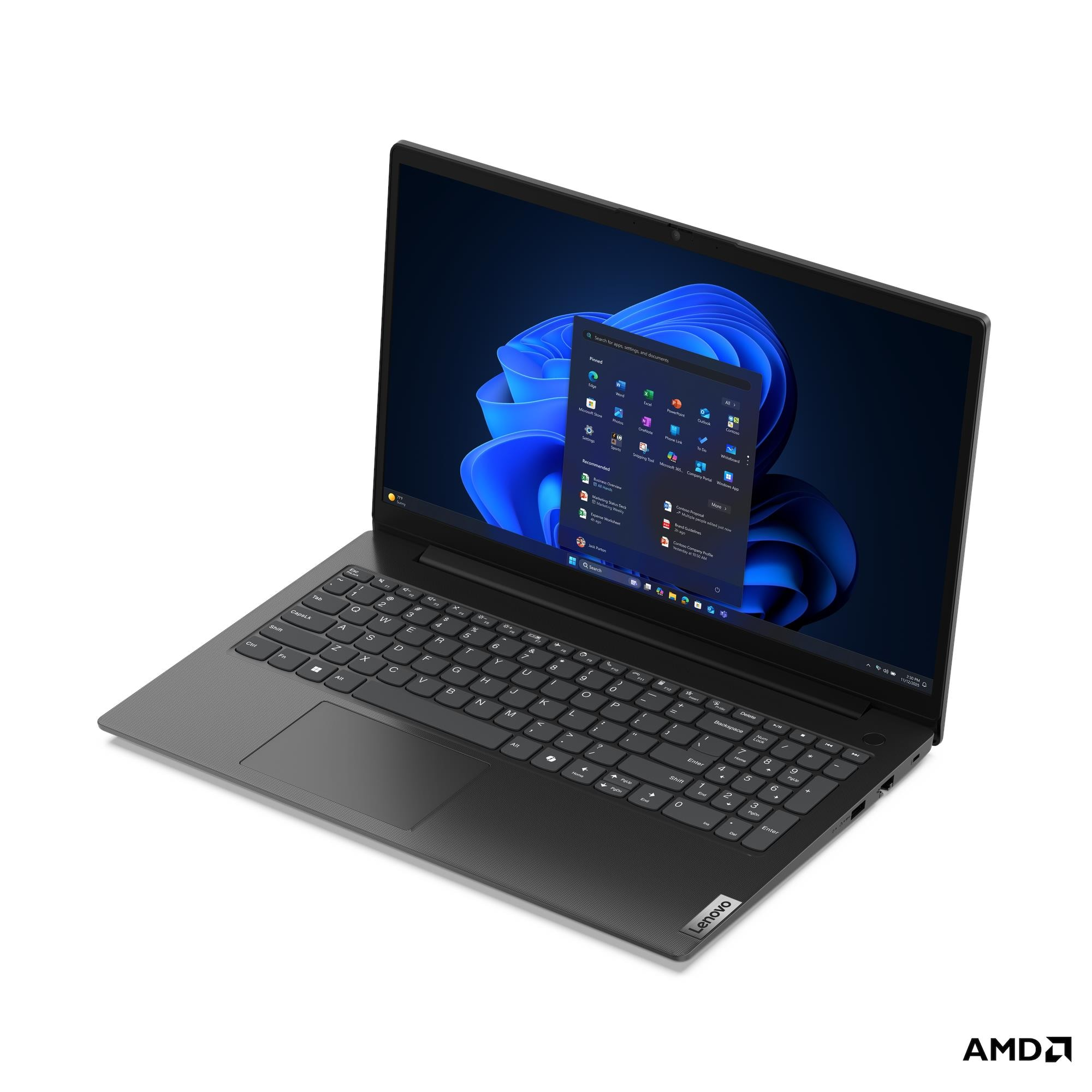 Un laptop Lenovo scuro che mostra Windows 11 con logo AMD.