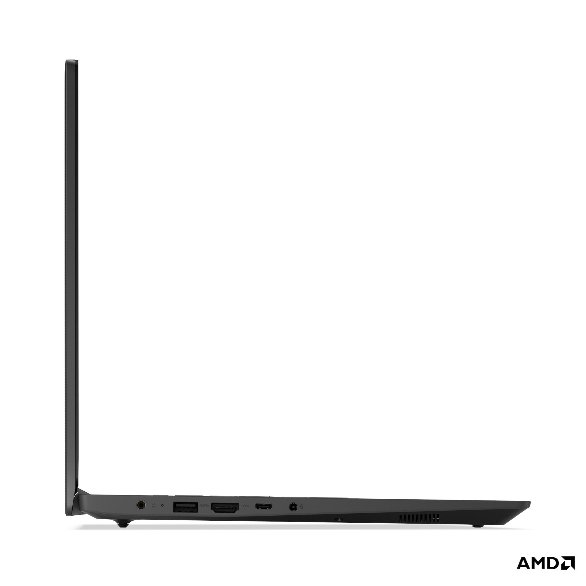 Vista laterale di un laptop nero con porte e logo AMD.