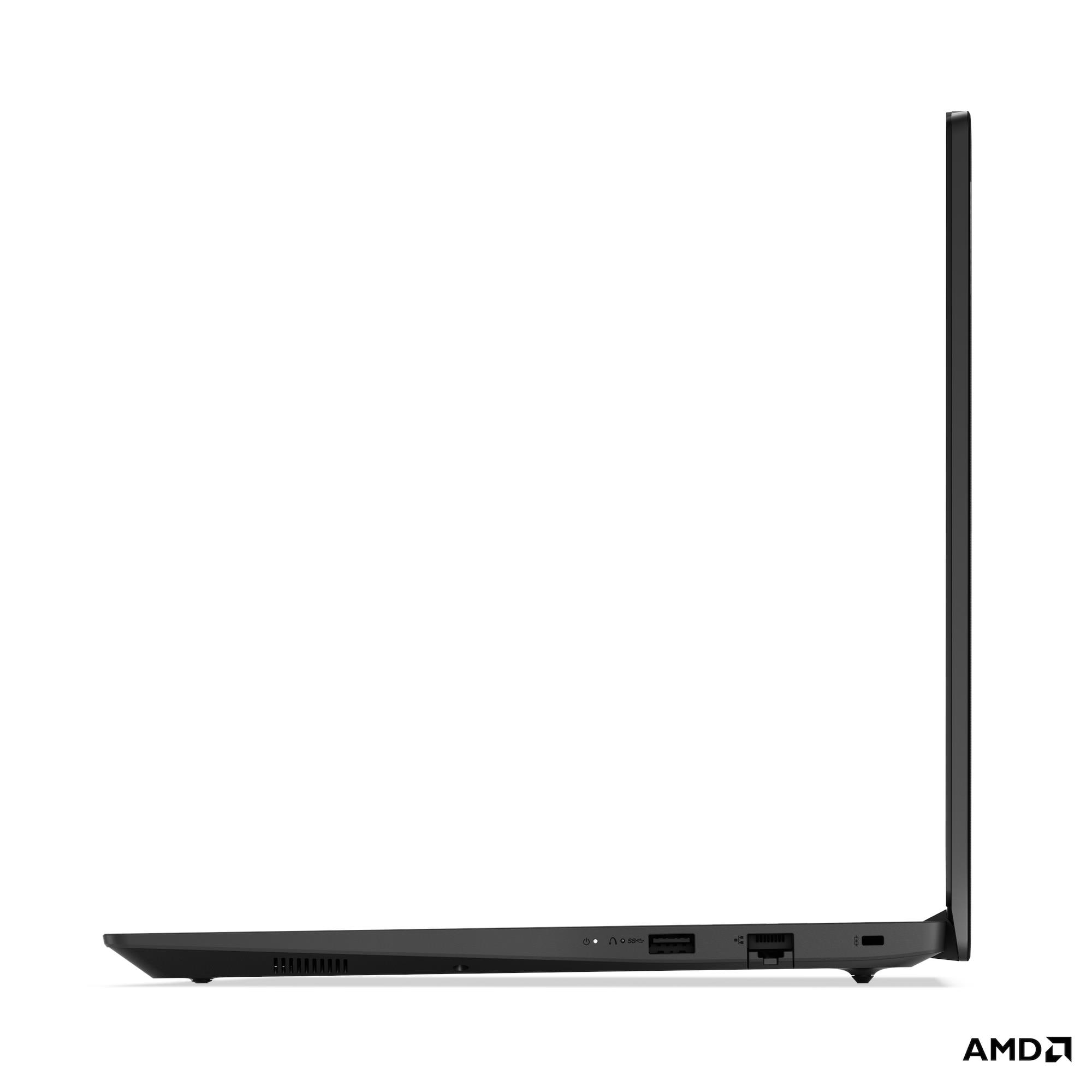Vista laterale di un laptop nero con porte e logo AMD.