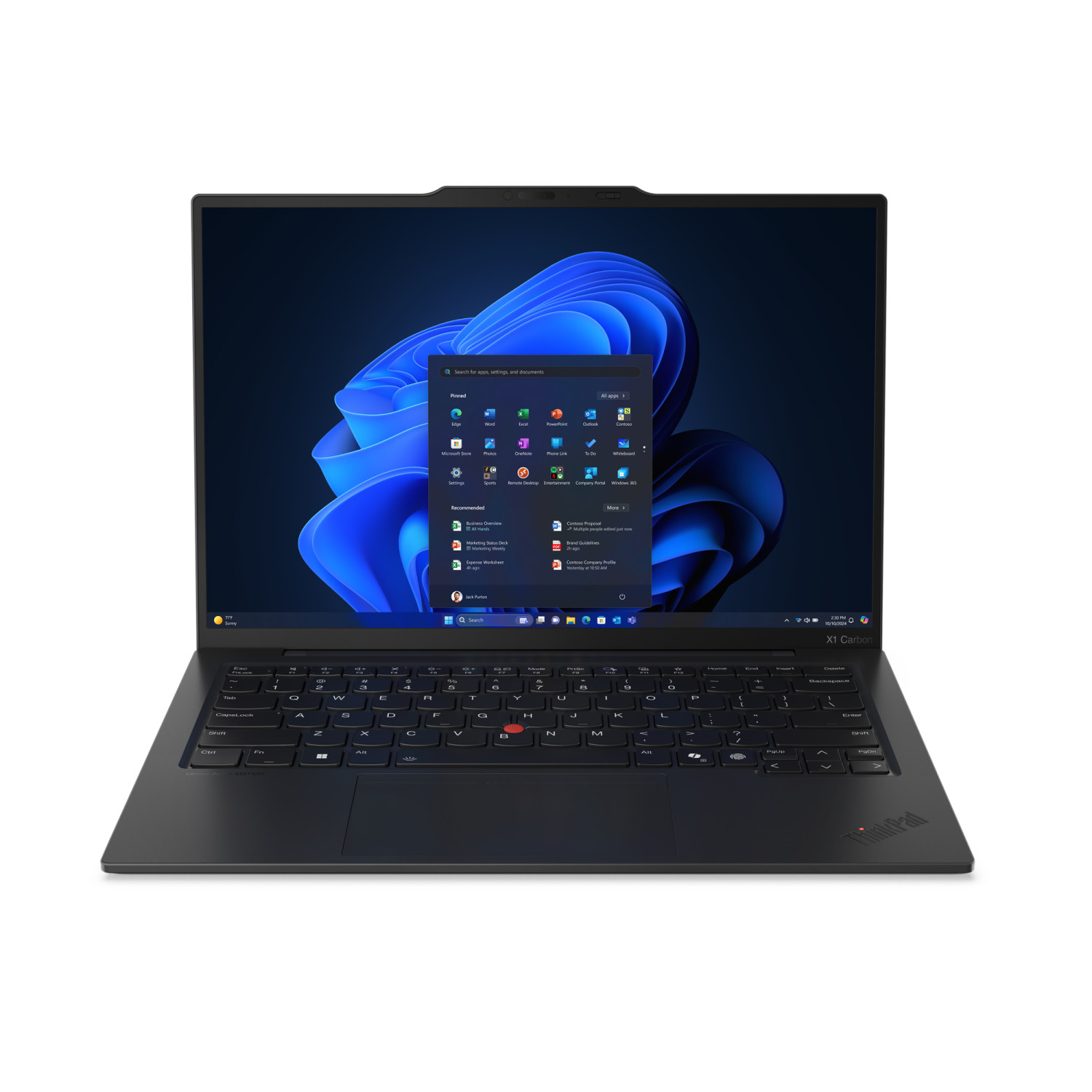 Un laptop nero che mostra il menu Start di Windows 11 con sfondo blu.