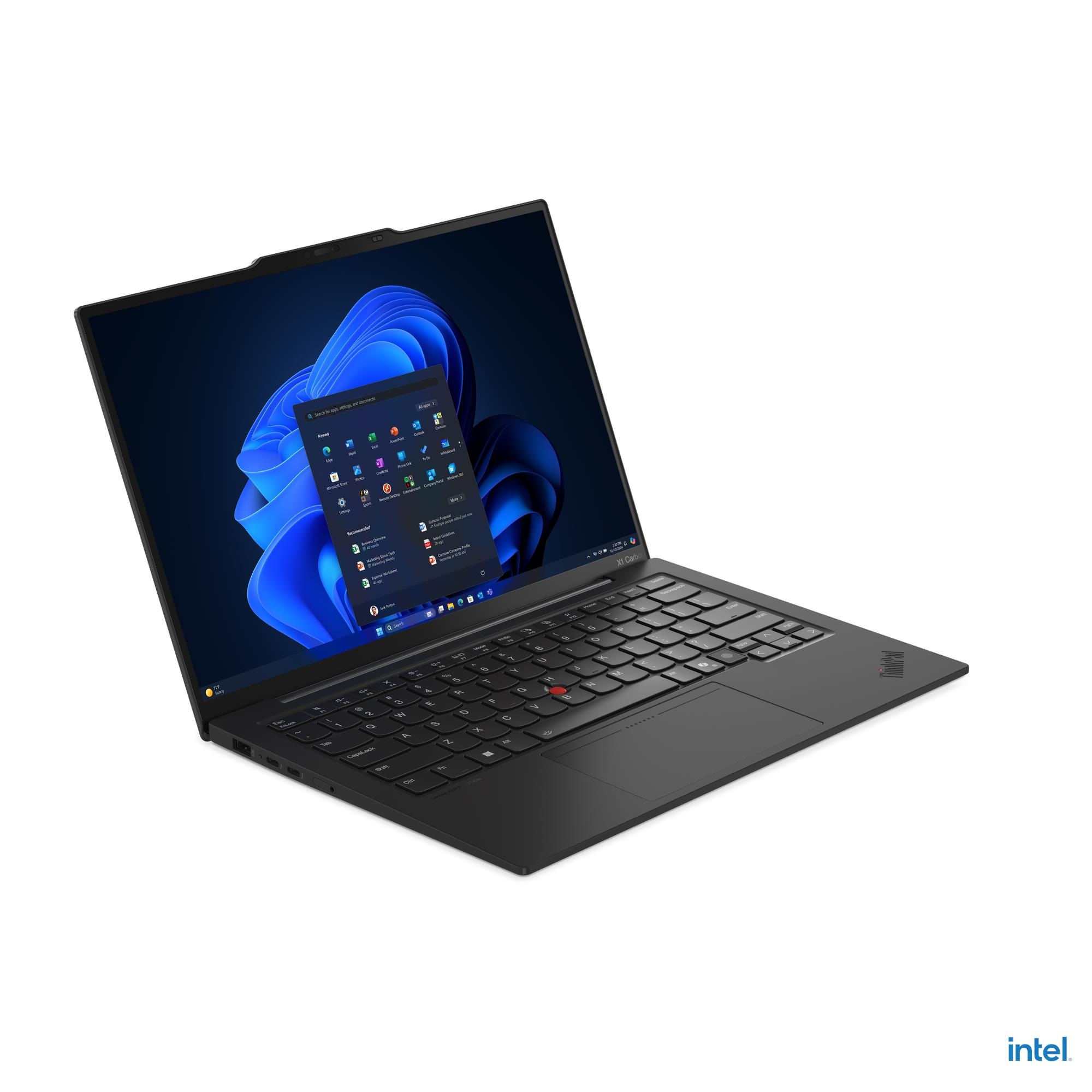 Un laptop nero Lenovo ThinkPad X1 Carbon è aperto, mostrando il menu Start di Windows 11 sul suo schermo.