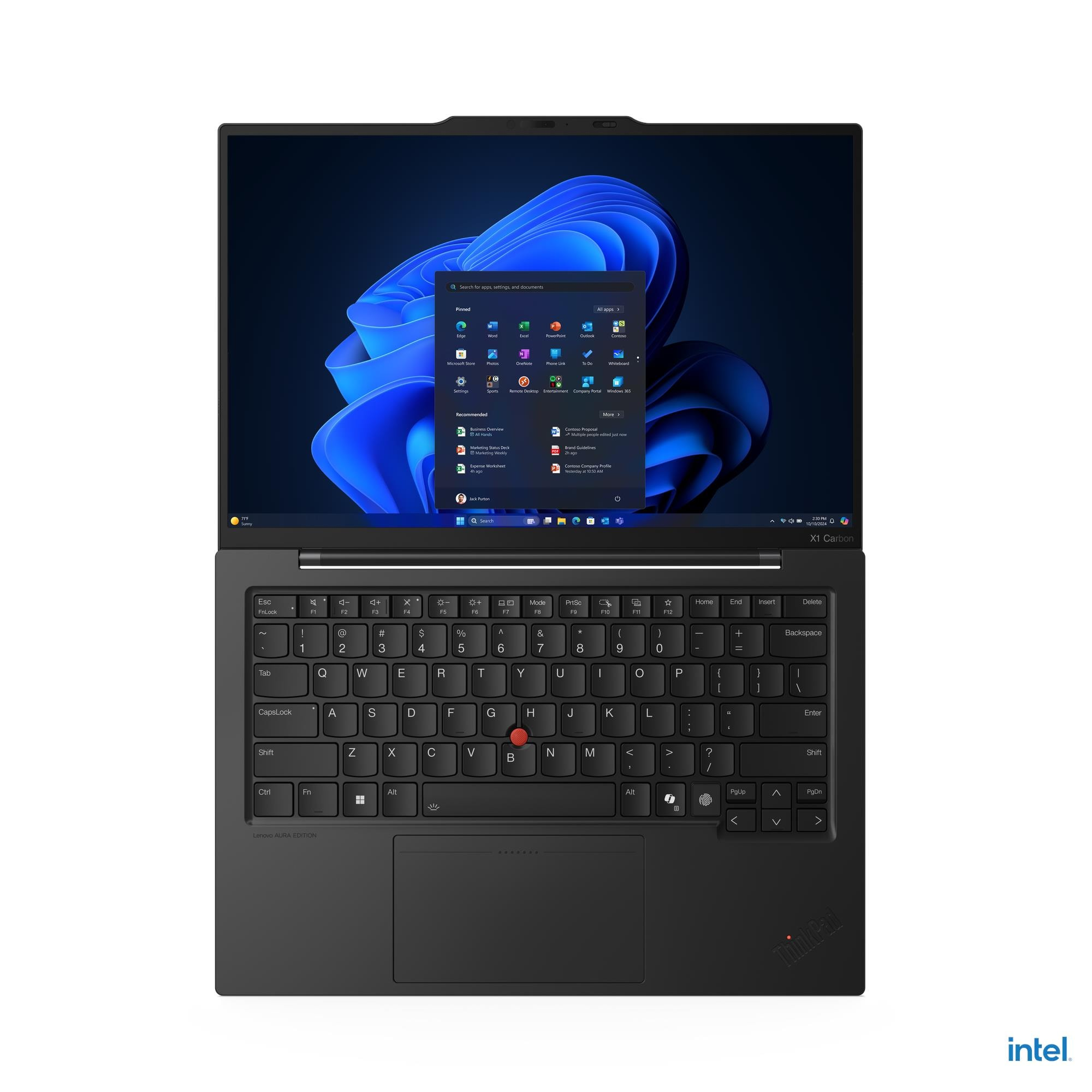 Un laptop nero Lenovo ThinkPad aperto che mostra Windows 11 con uno sfondo blu.