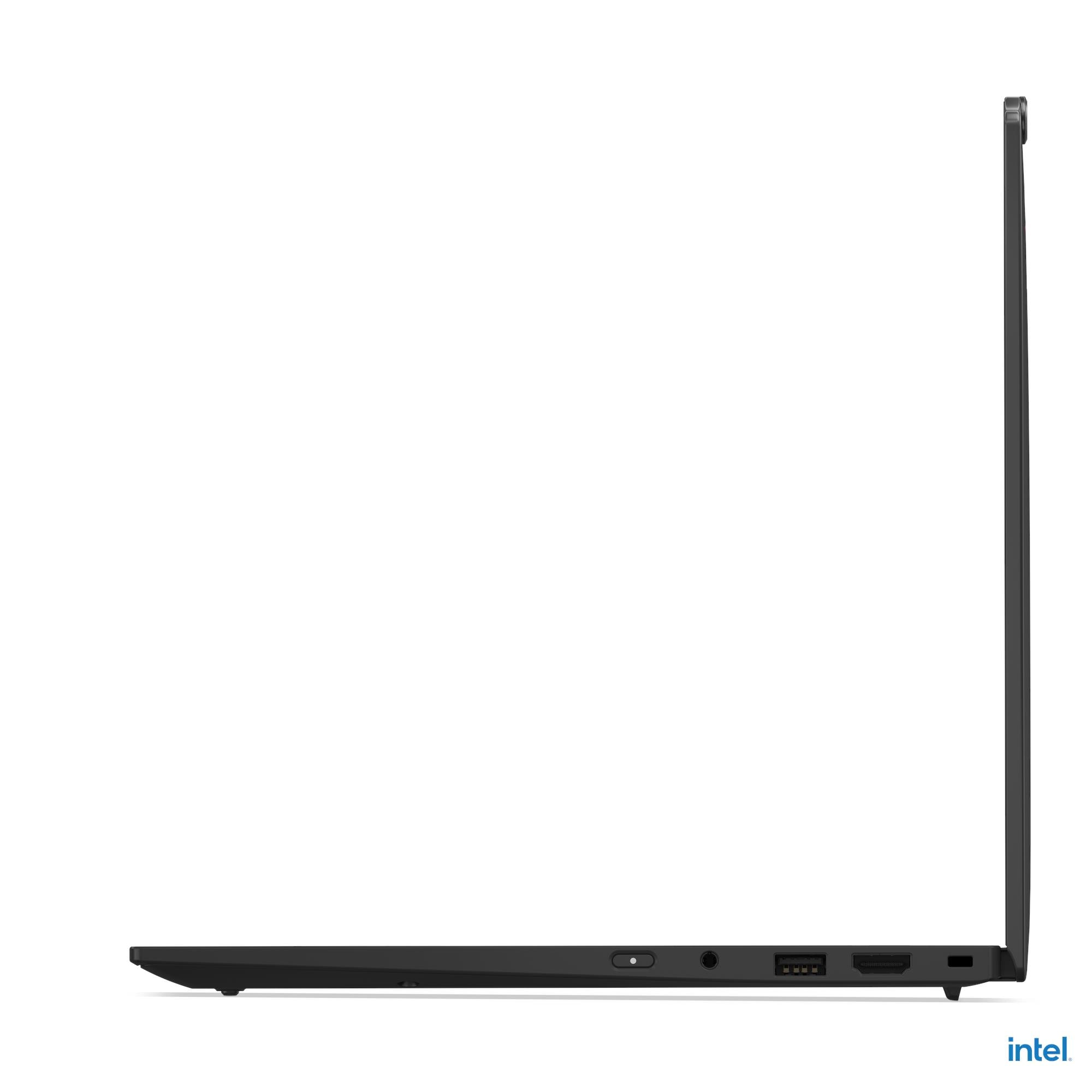 Profilo laterale di un laptop nero con porte e logo Intel.