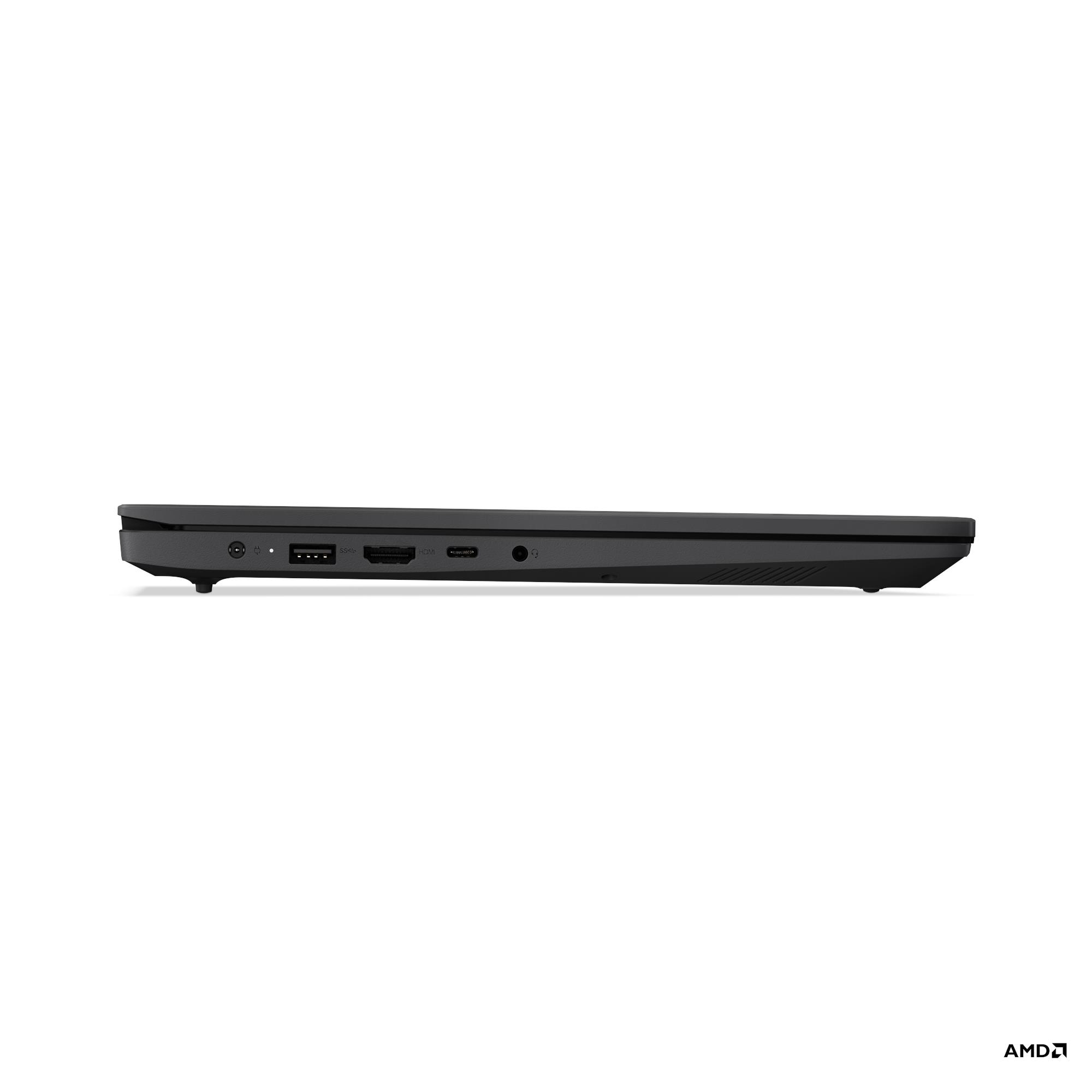 Laptop nero, lato sinistro con porte: USB, HDMI, jack cuffie.