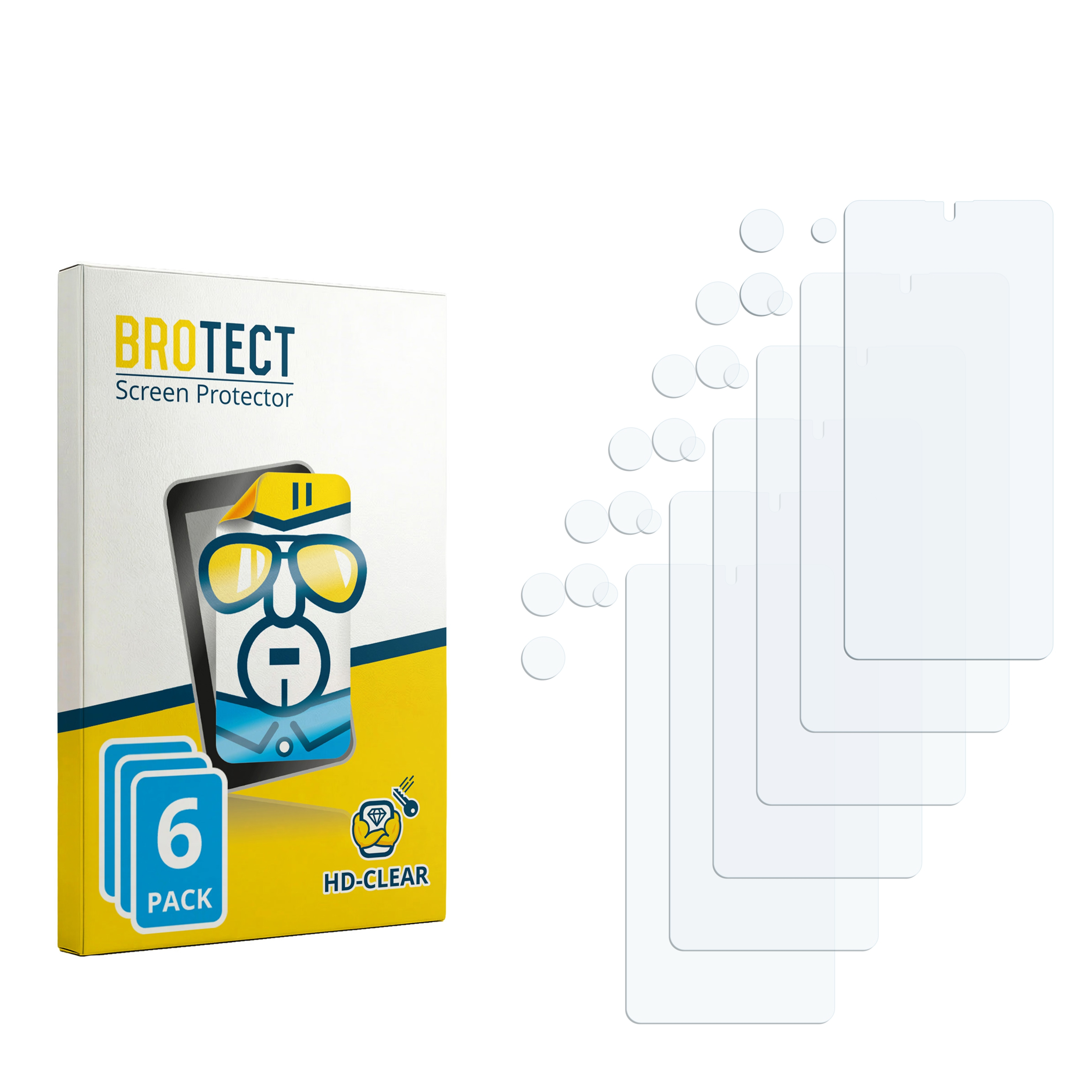 Verpackung für 6 Displayschutzfolien mit Symbolen und vier Folien auf weißem Hintergrund.