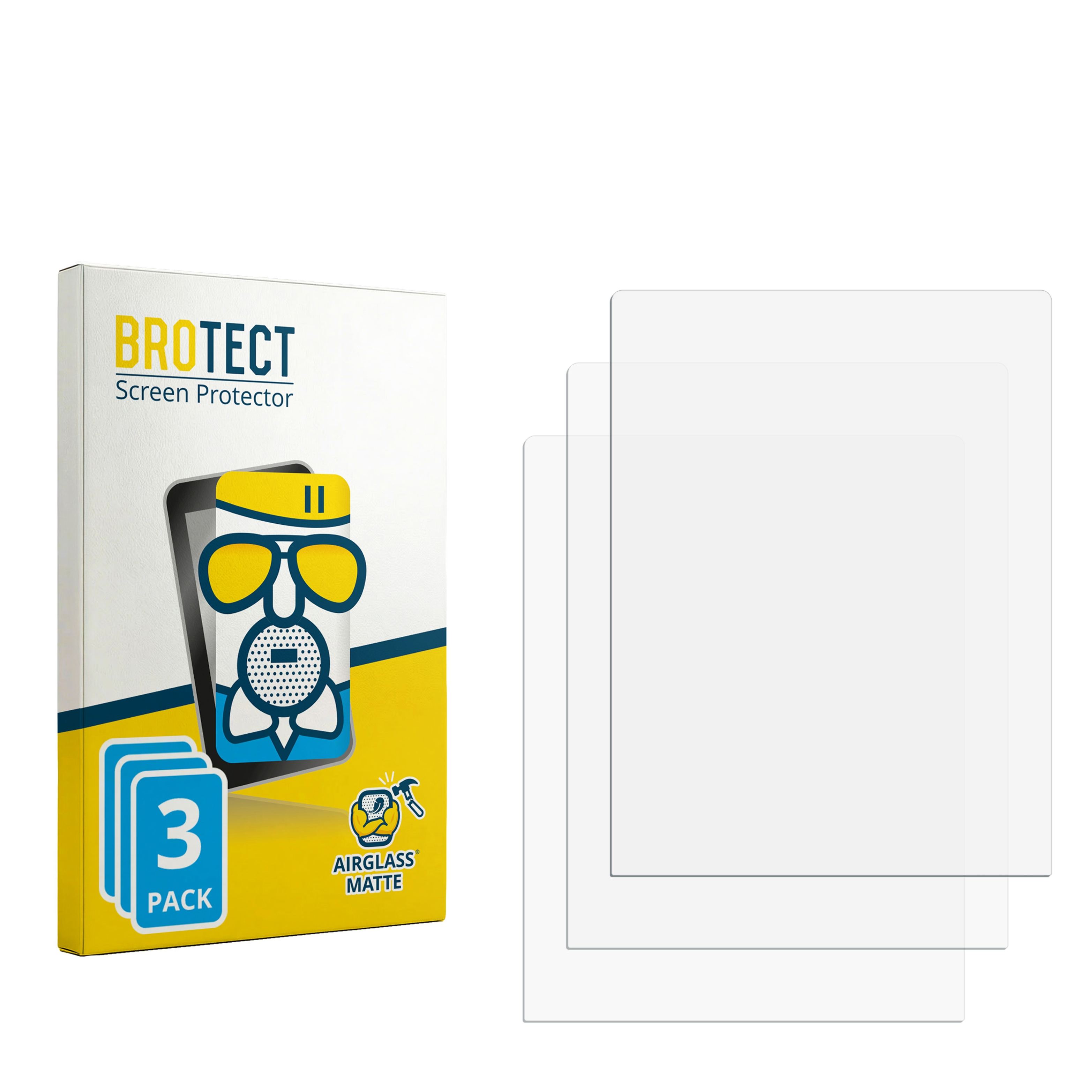 Verpackung mit drei BROTECT Displayschutzfolien und zwei einzelnen Folien.