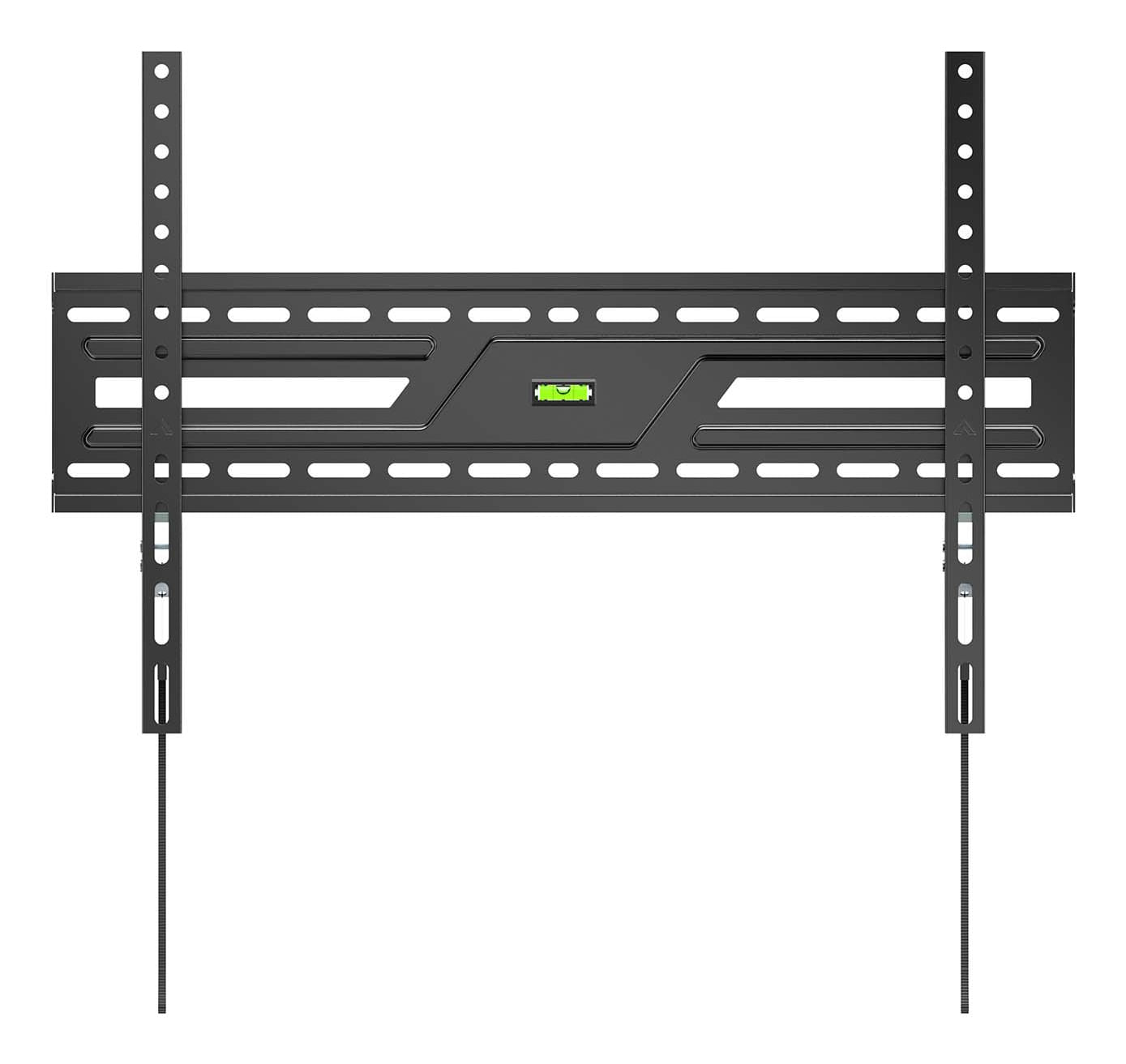 Supporto da parete TV nero con livella, bracci regolabili e design forato.