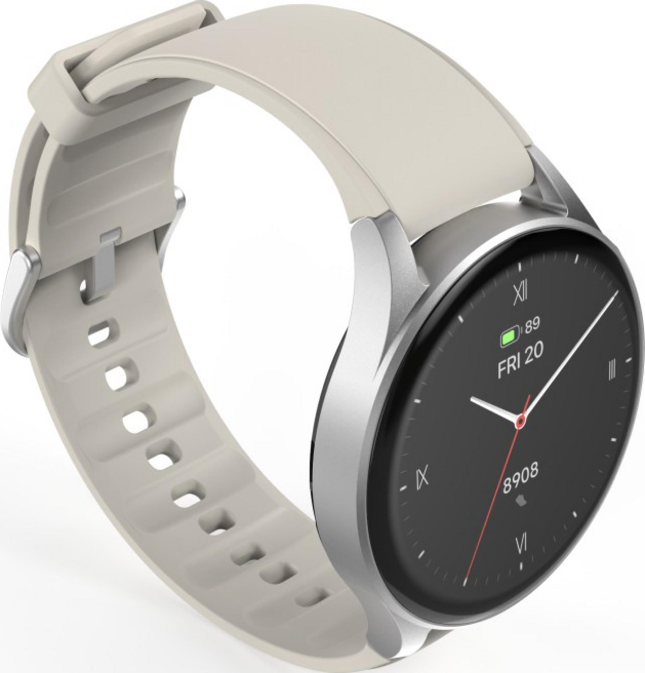 Eine weiße Smartwatch mit silbernem Gehäuse und schwarzem Zifferblatt.