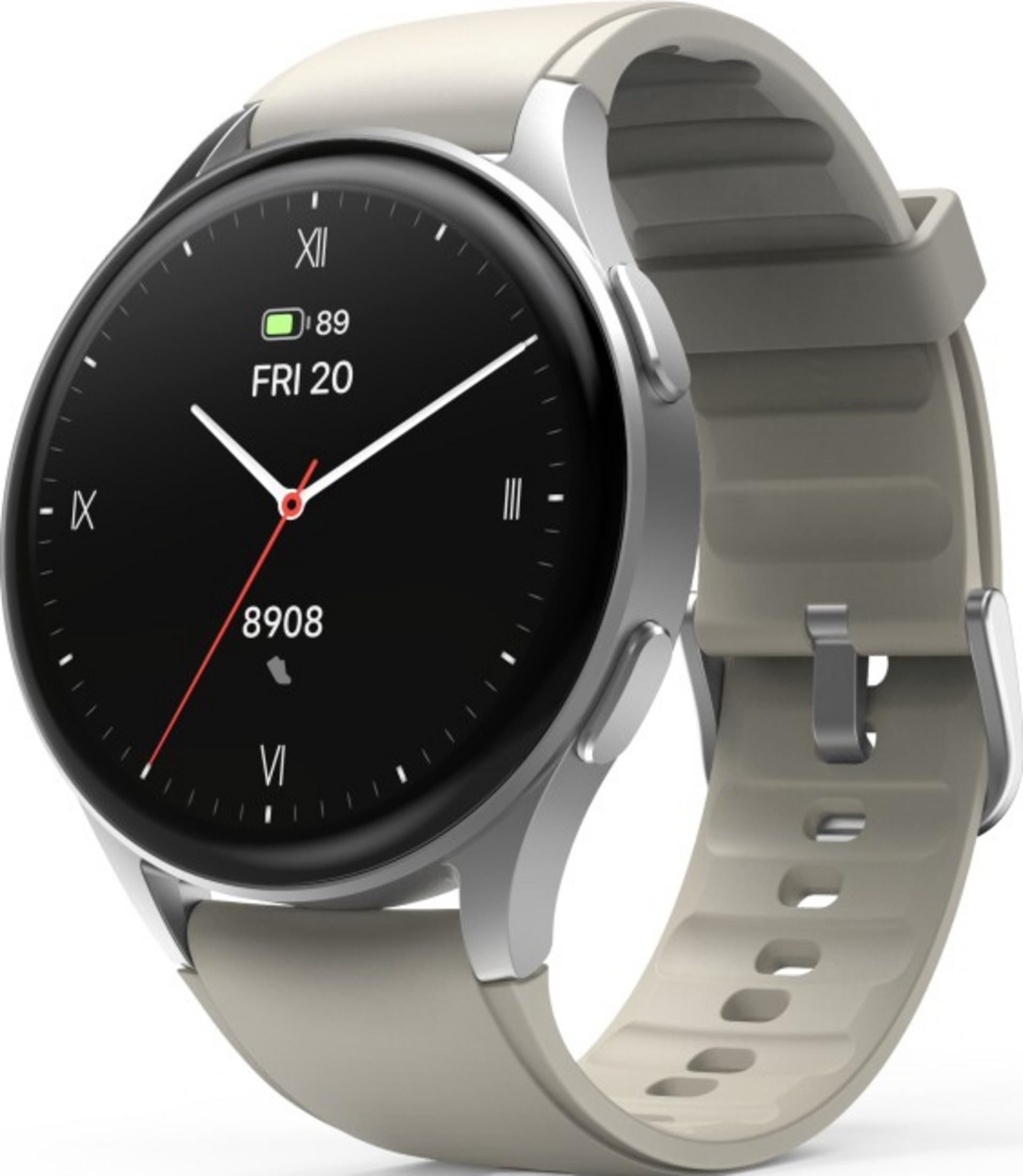 Eine silberne Smartwatch mit schwarzem Zifferblatt und beigem Armband.