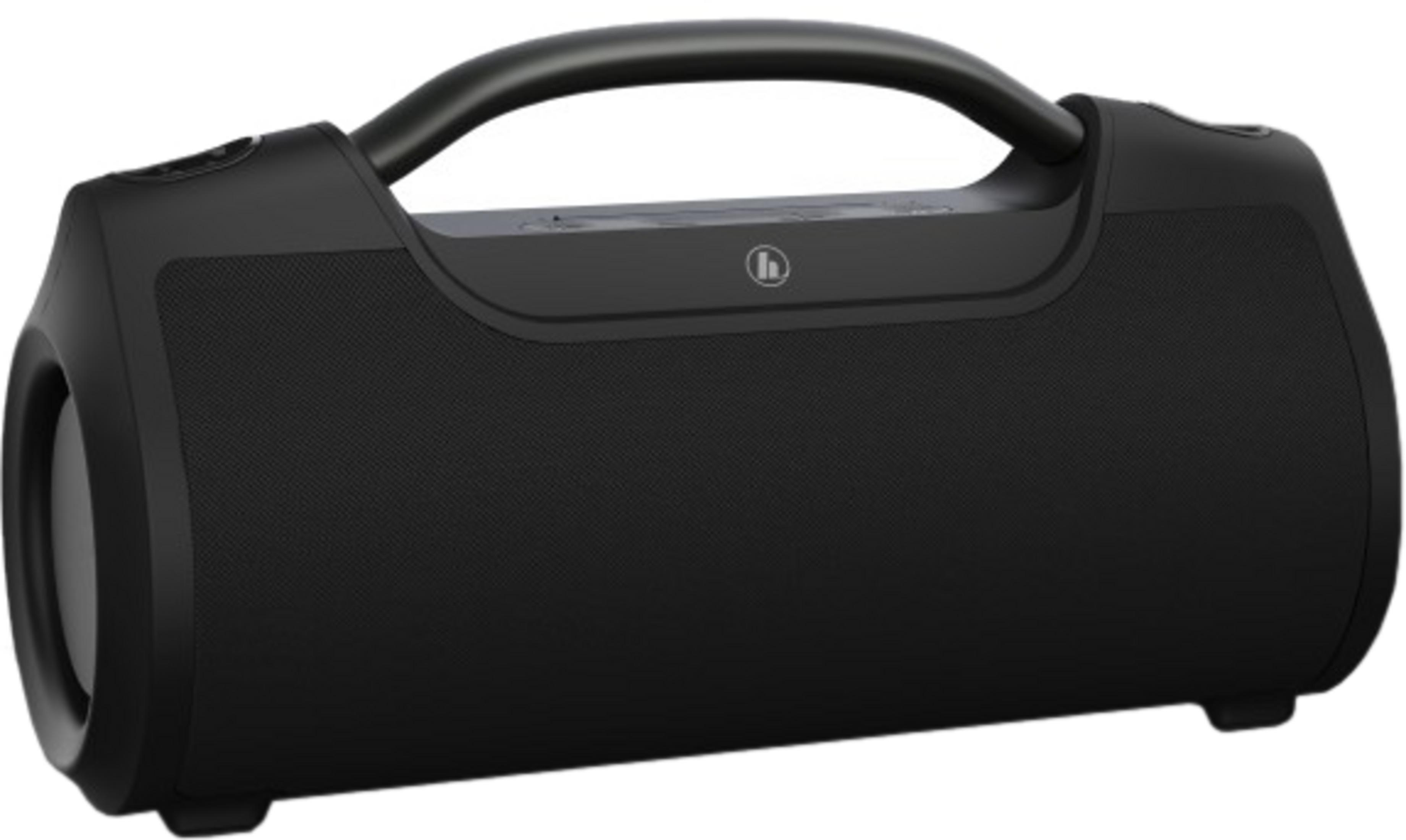 Czarny głośnik przenośny z uchwytem i panelem sterowania.