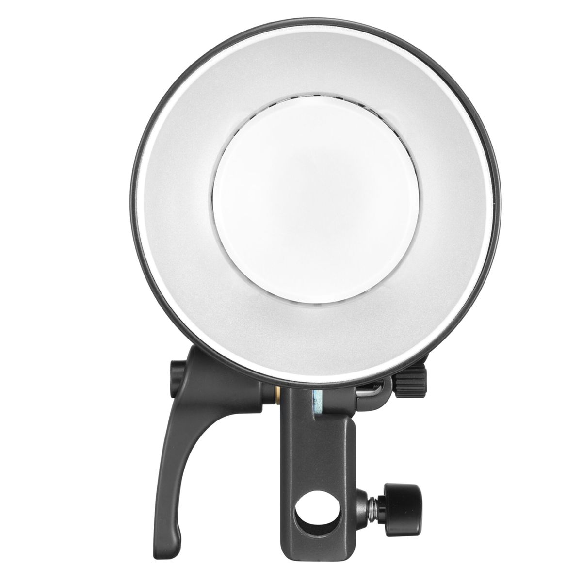 A studio flash head with a silver reflector and black mount on a white background.