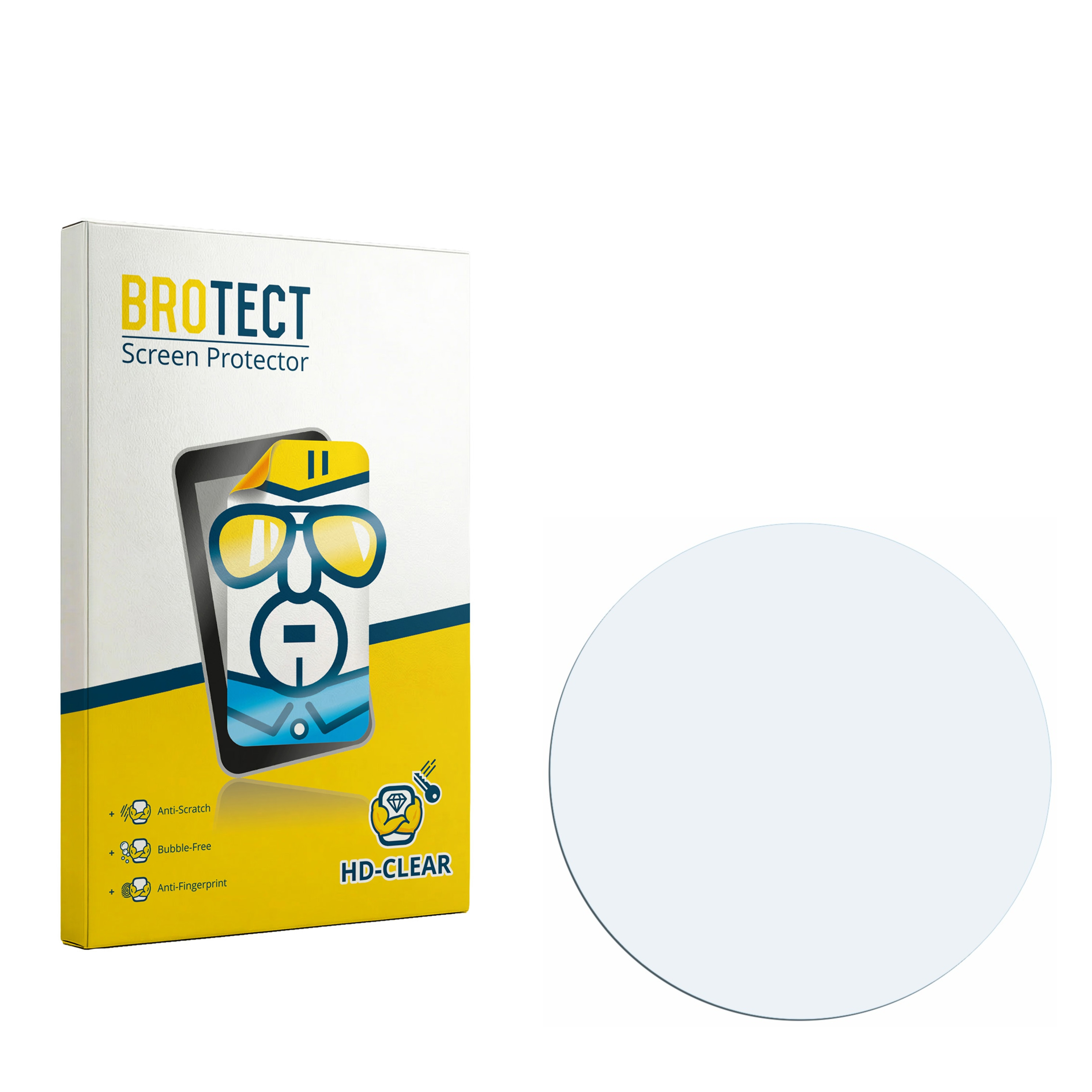 Verpackung für Displayschutzfolie mit einem runden Schutzglas daneben.