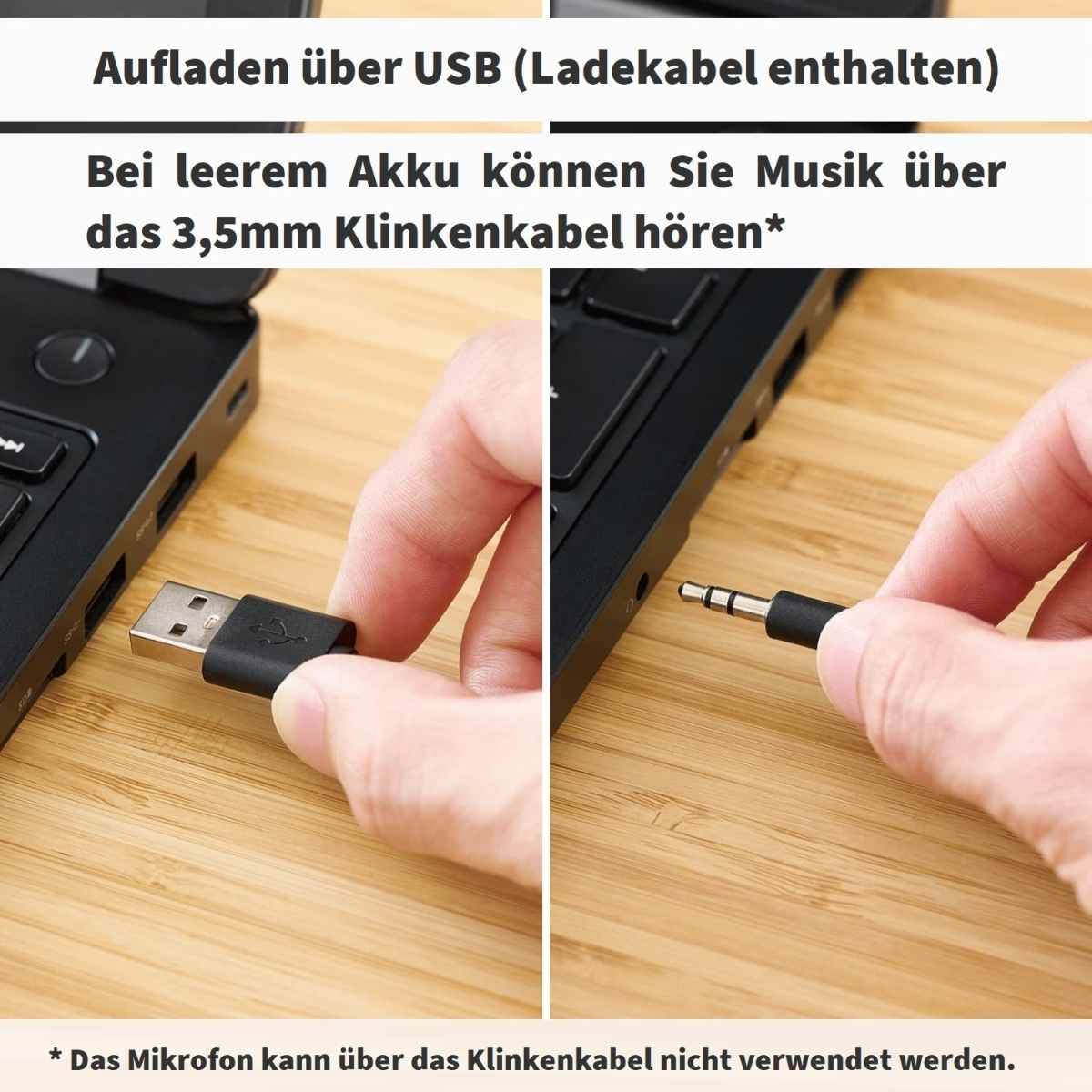 Hand steckt USB-Stecker in Laptop und 3,5mm Klinkenstecker in Laptop.