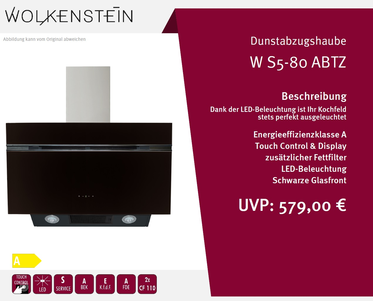 Wolkenstein W S5-80 ABTZ schwarze Glas-Dunstabzugshaube mit LED-Beleuchtung und Energieeffizienzklasse A.