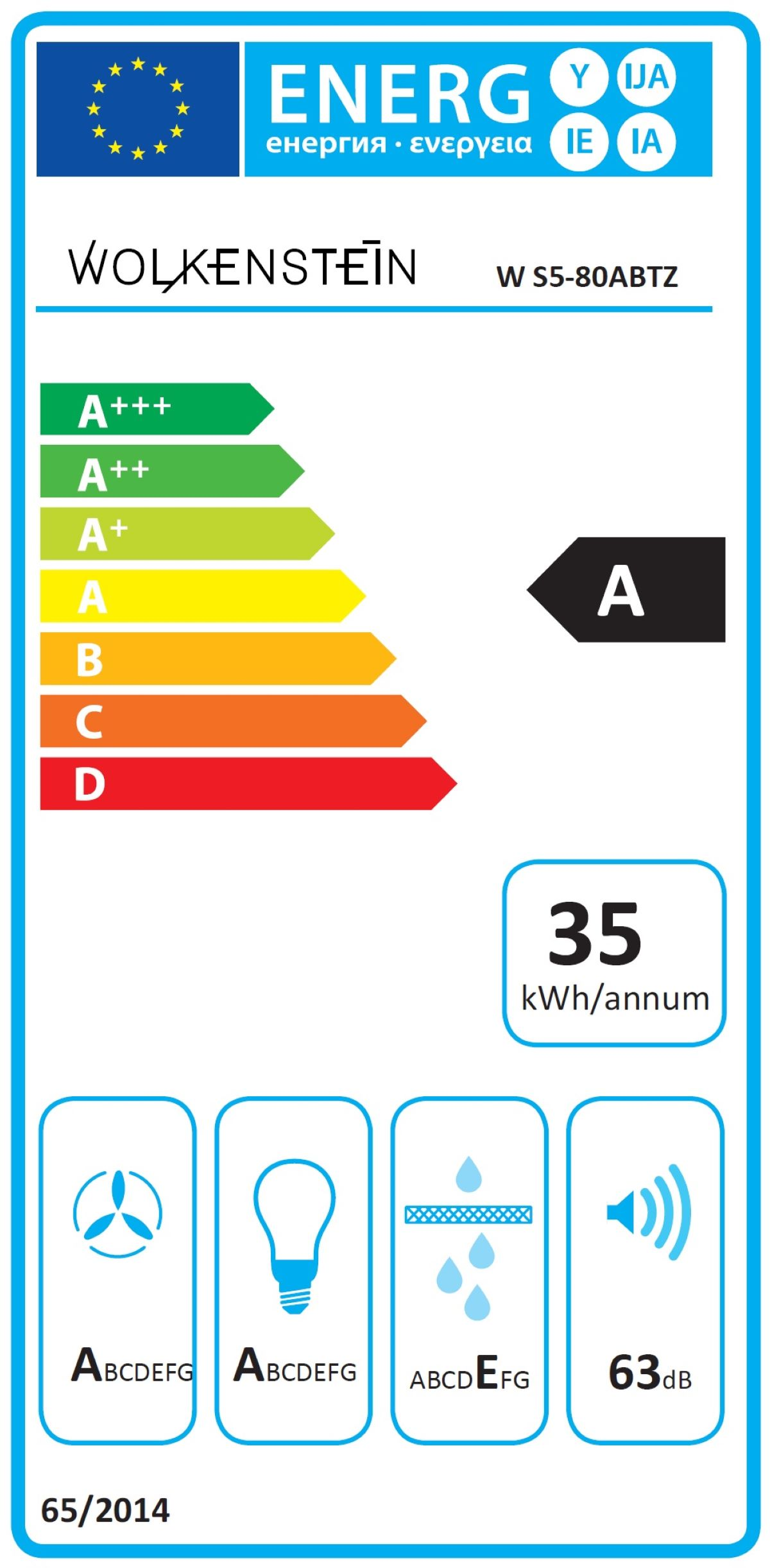 Energielabel für Wolkenstein W S5-80ABTZ, Energieeffizienz A, 35 kWh/Jahr.