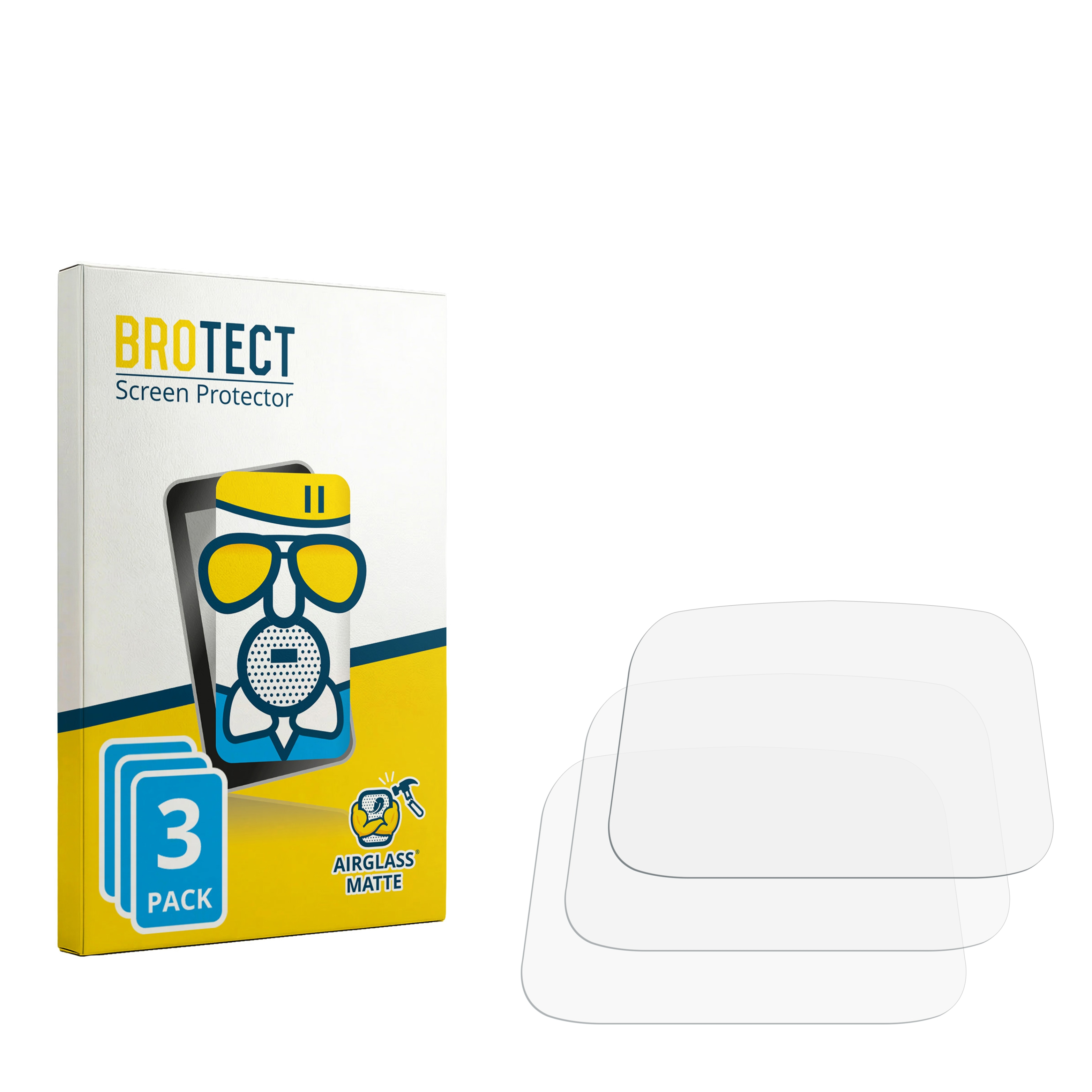 Eine weiße Schachtel mit dem Text „BROTECT Displayschutzfolie“, einem Personensymbol und der Aufschrift „3 PACK“ befindet sich neben drei durchsichtigen Displayschutzfolien.
