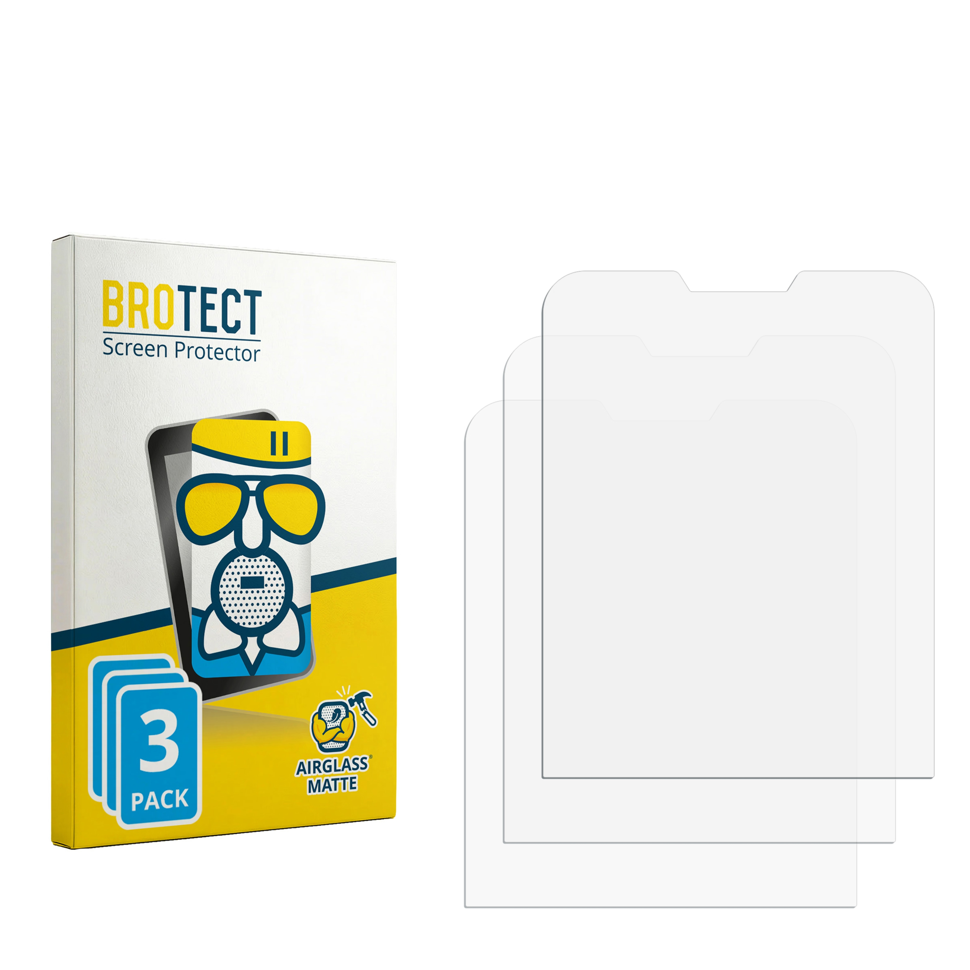 BROTECT Displayschutzfolie 3er Pack Box neben drei klaren Displayschutzfolien.