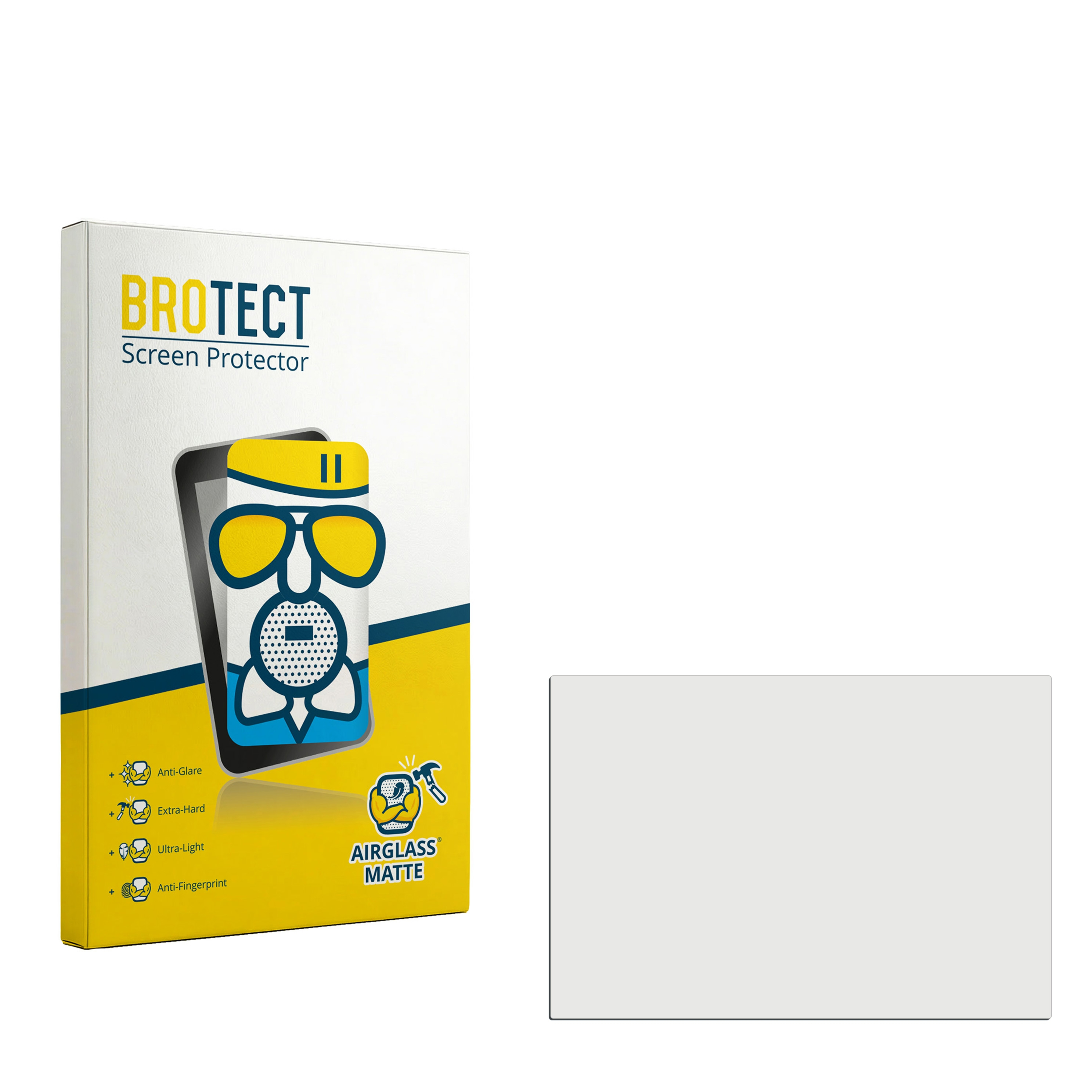 BROTECT Bildschirmschutzverpackung mit einem stilisierten Handy und Schutzfolie daneben.