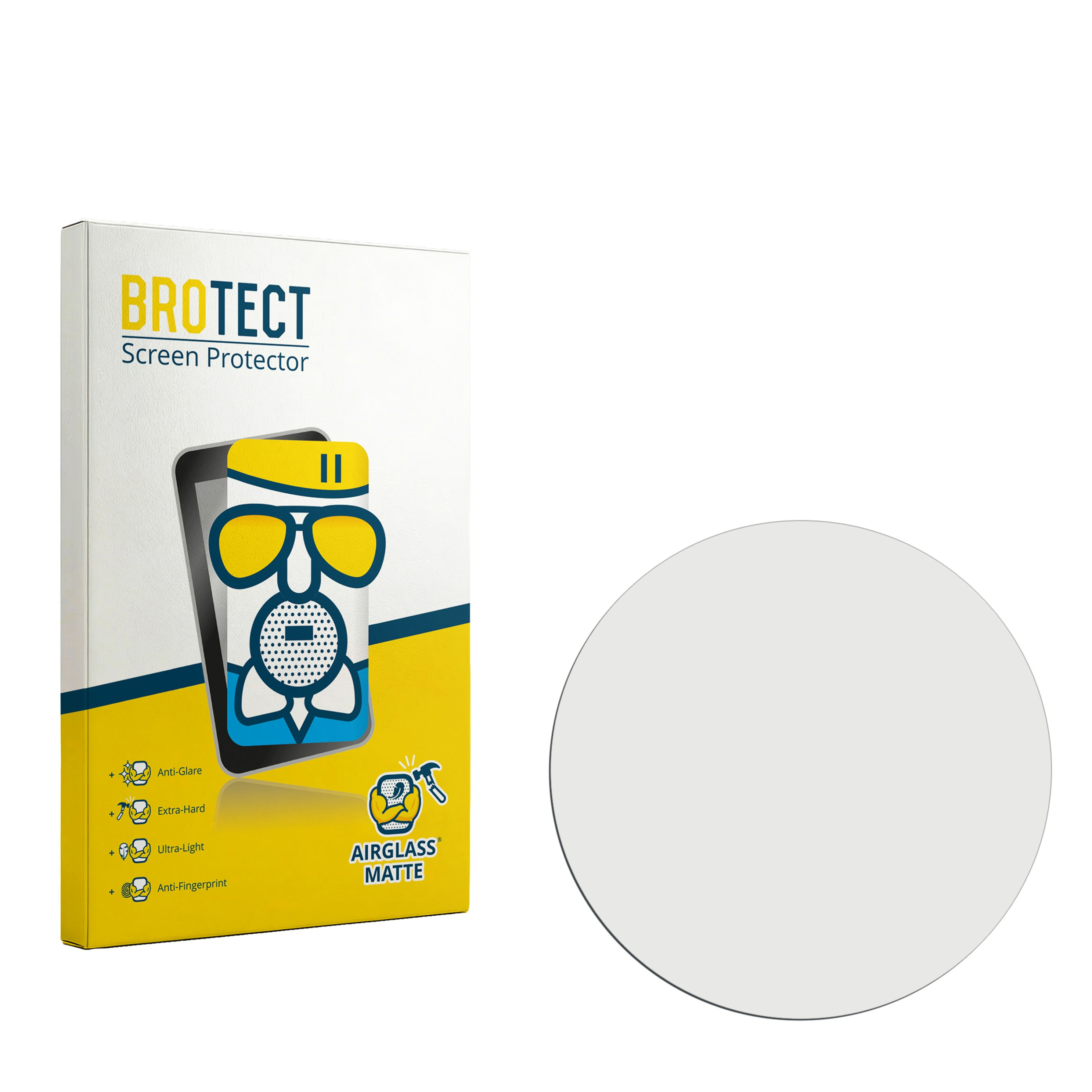 BROTECT Screen Protector Verpackung neben einer runden, matten Schutzfolie.
