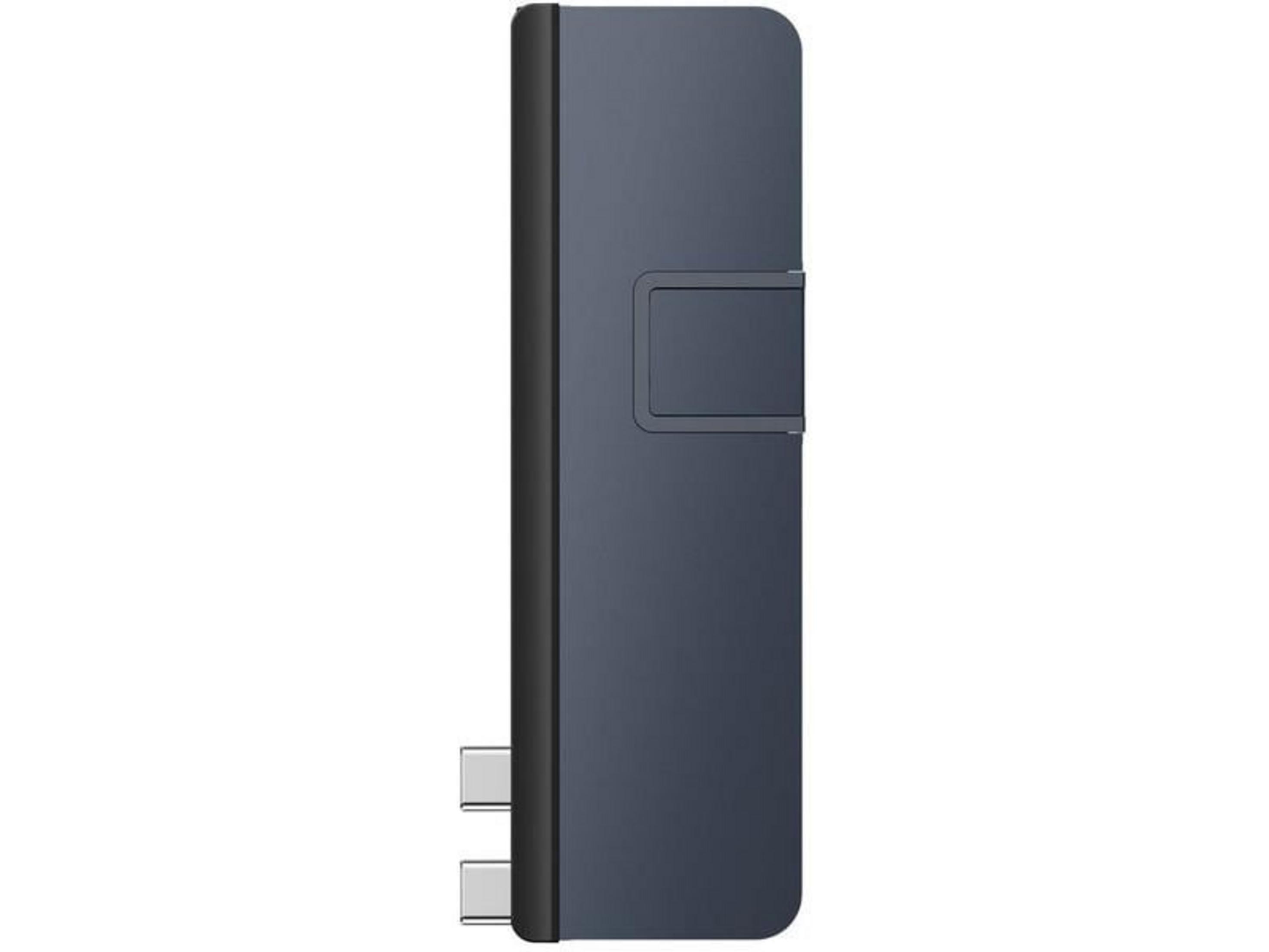 Hub USB-C grigio scuro con due porte sul lato sinistro.