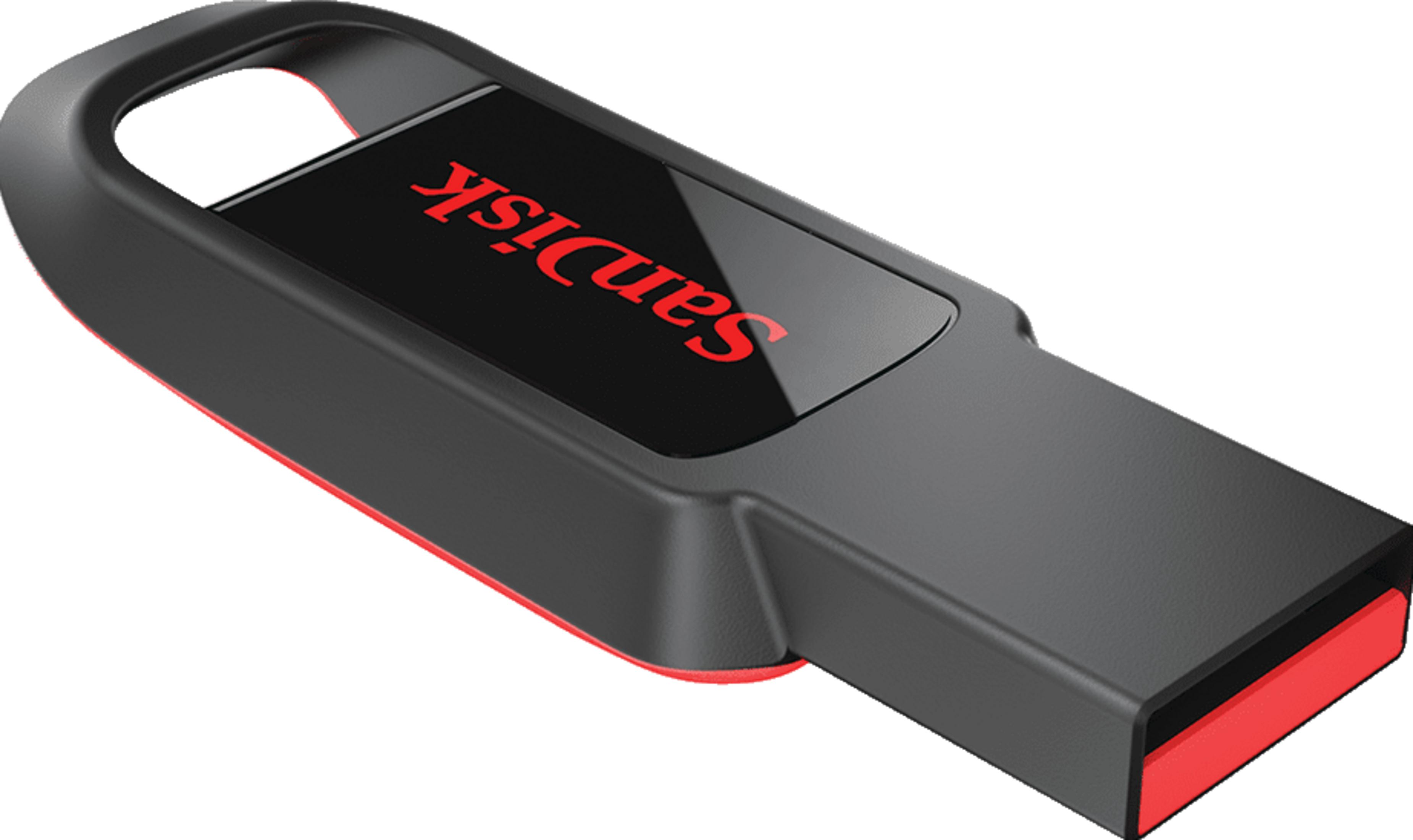 Clé USB noire avec bordure rouge et logo SanDisk.