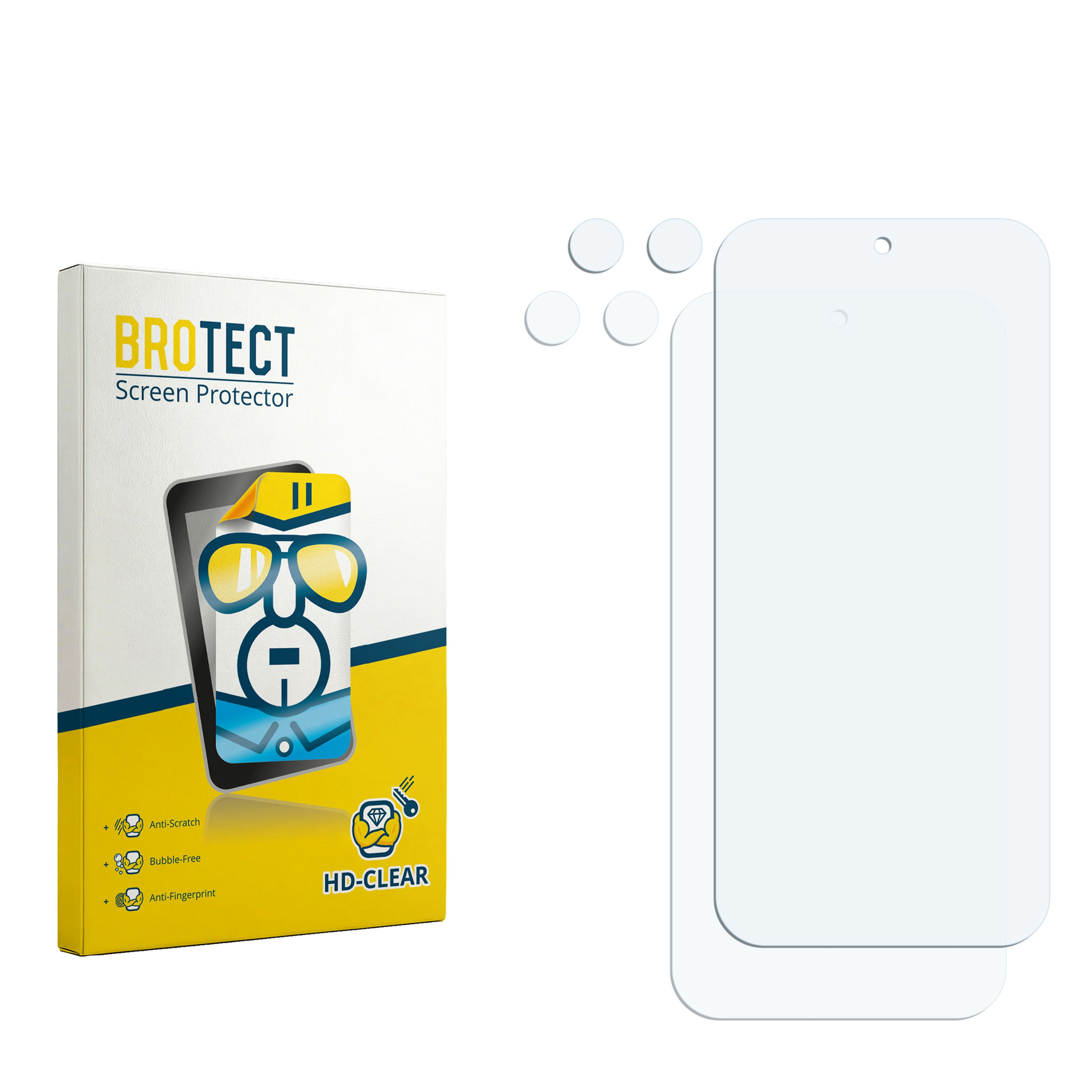 Verpackung für Displayschutzfolie mit zwei Folien und vier kleinen Kreisen.
