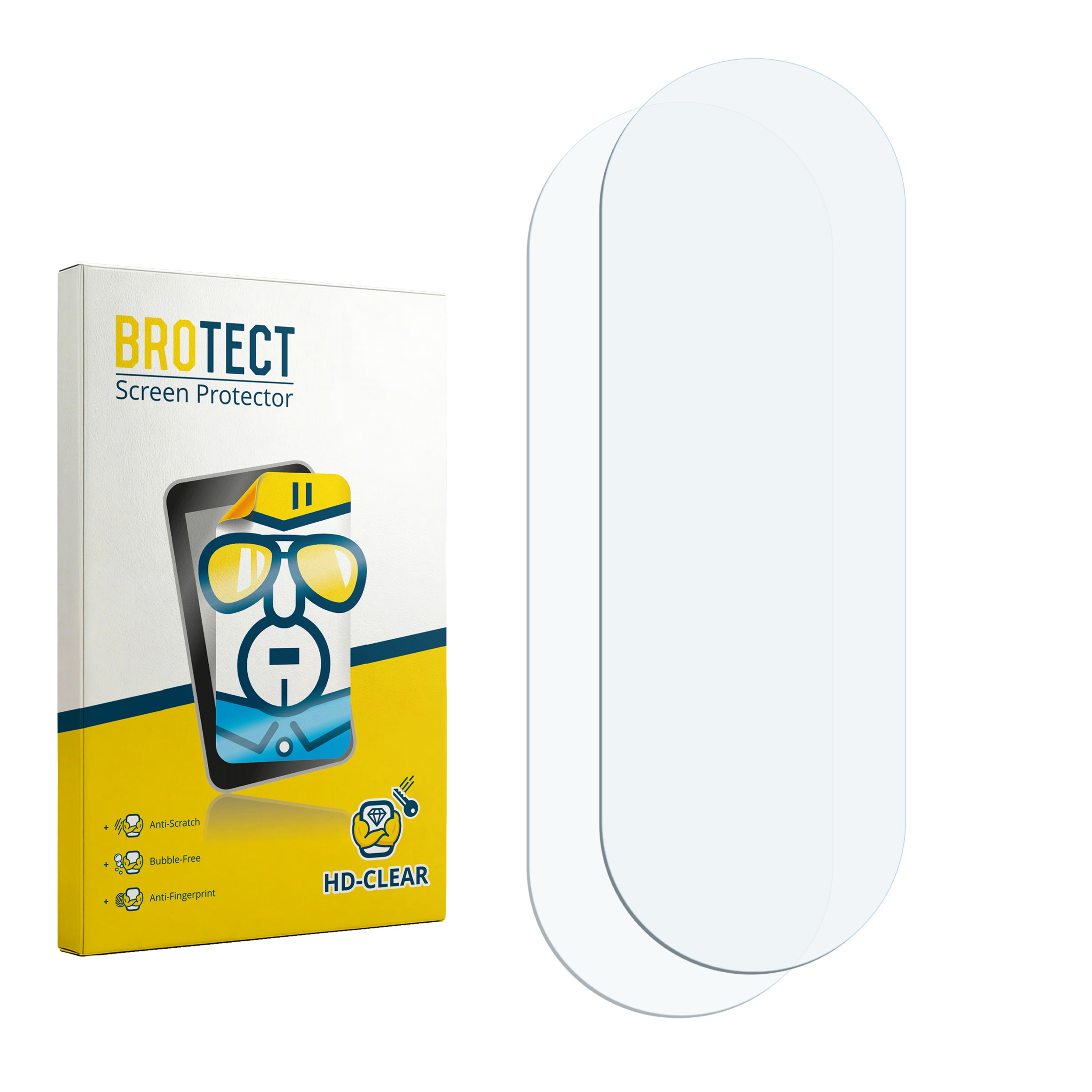 BROTECT Displayschutzverpackung neben zwei klaren Displayschutzfolien.