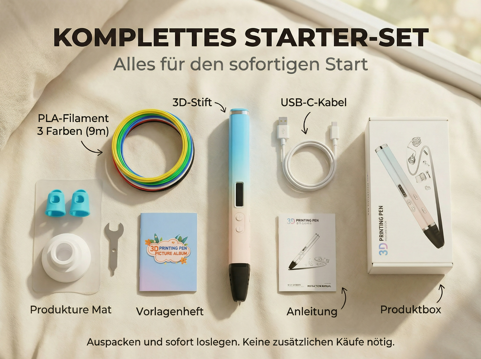 Ein 3D-Druckstift-Starterset mit Filament, Kabel, Anleitung, Matte und Box.