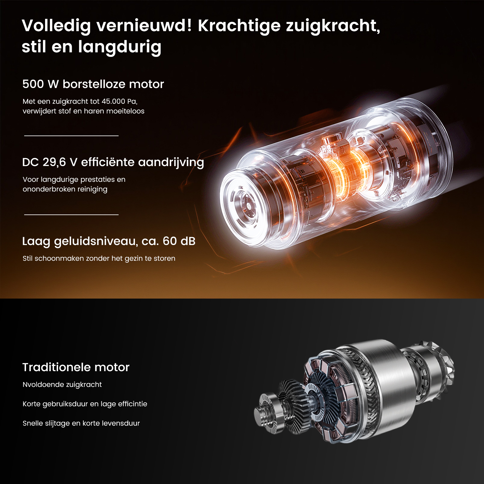 A transparent motor with glowing parts and a detailed metal motor.