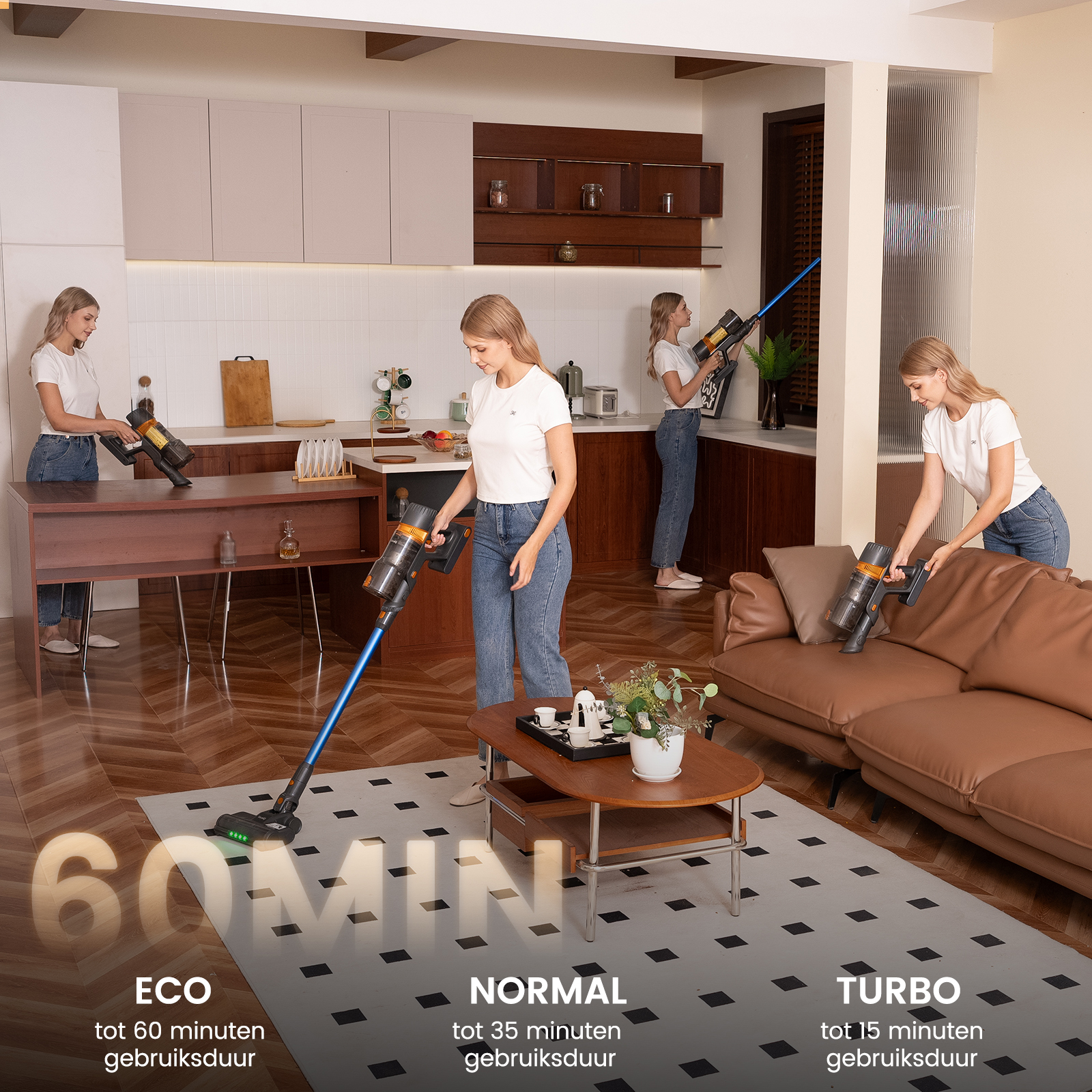 Women vacuum in different rooms with a cordless vacuum. Runtime information shown.
