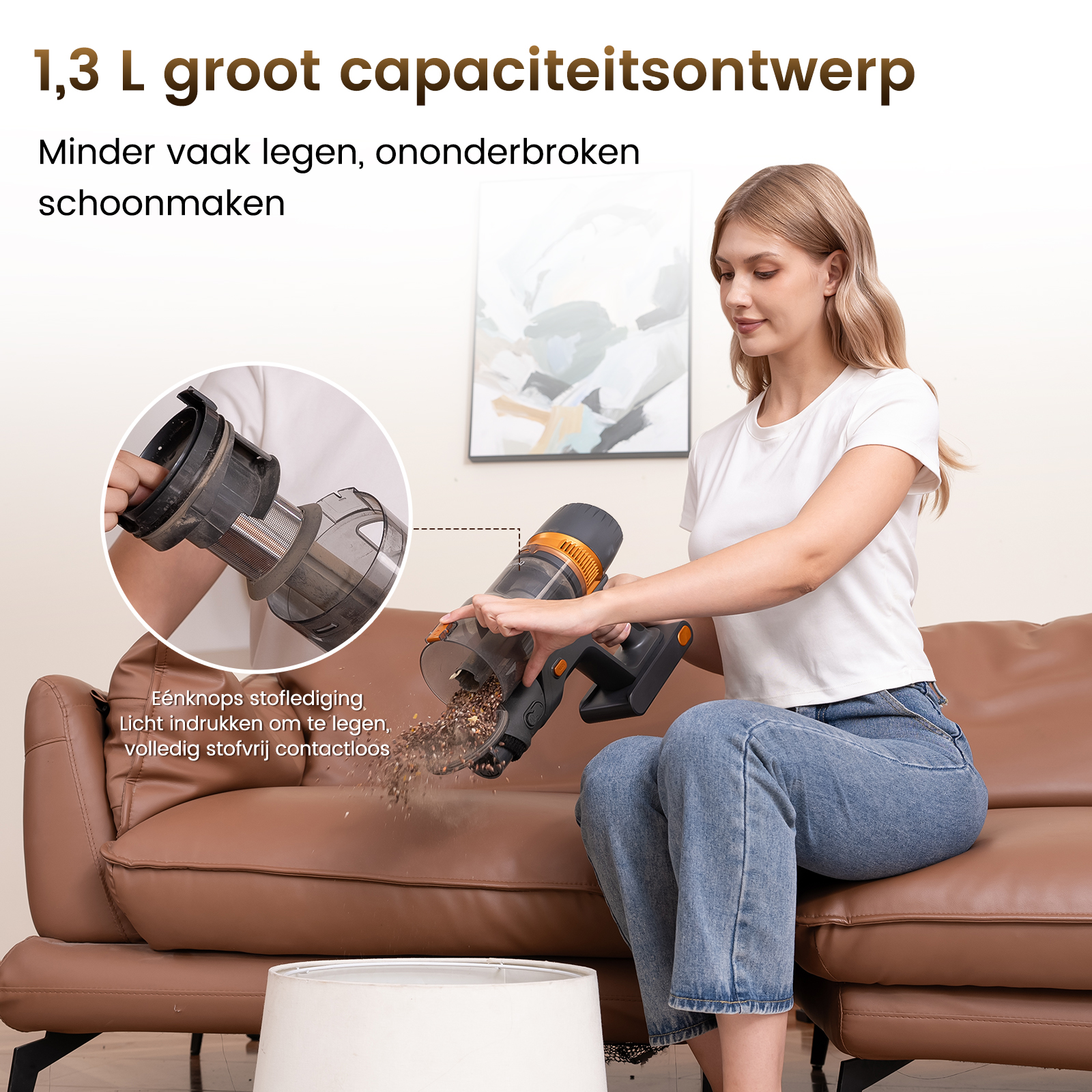 Woman empties a vacuum cleaner bin, releasing dust and debris.
