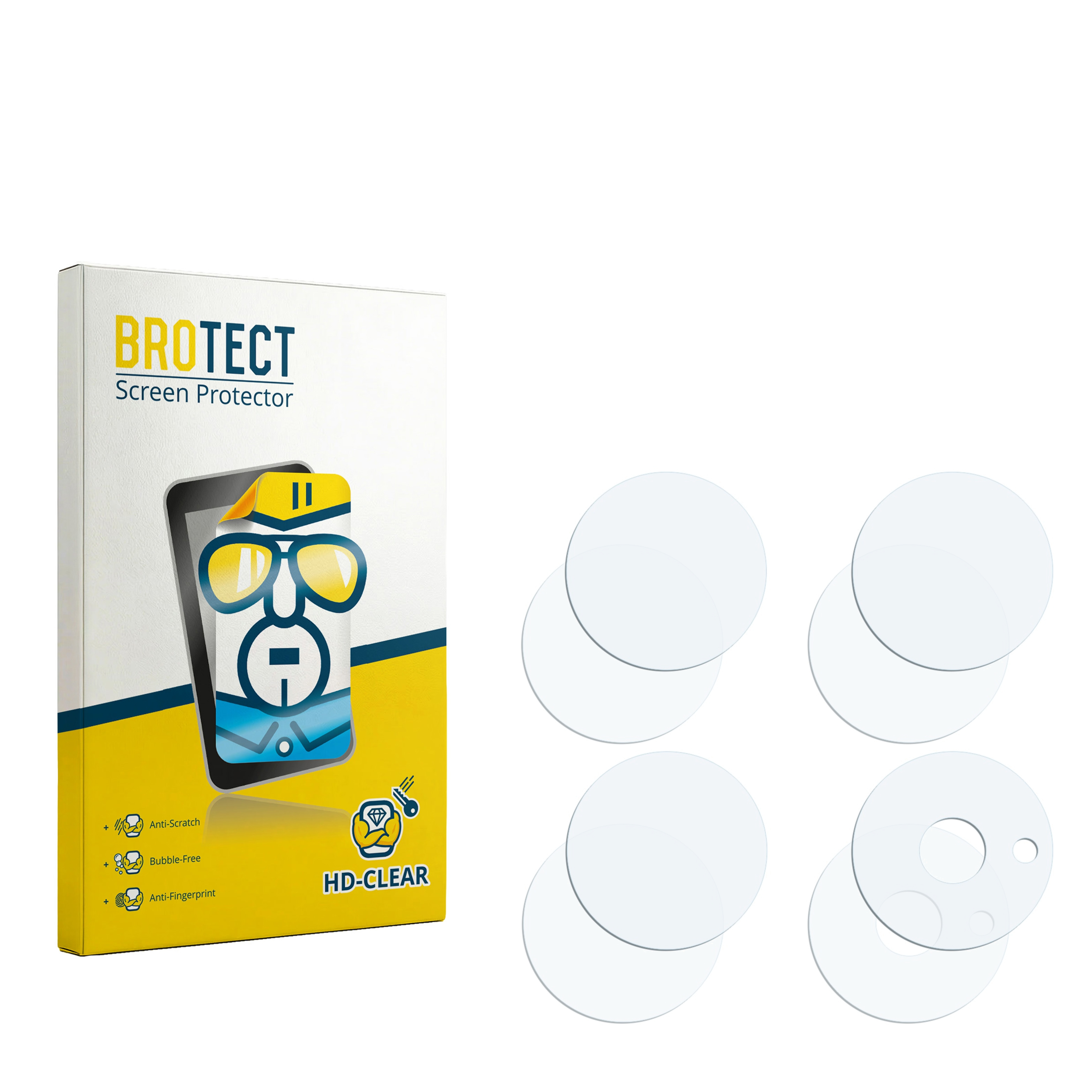 Packung BROTECT Displayschutzfolie mit 4 runden Folien, eine mit Loch.
