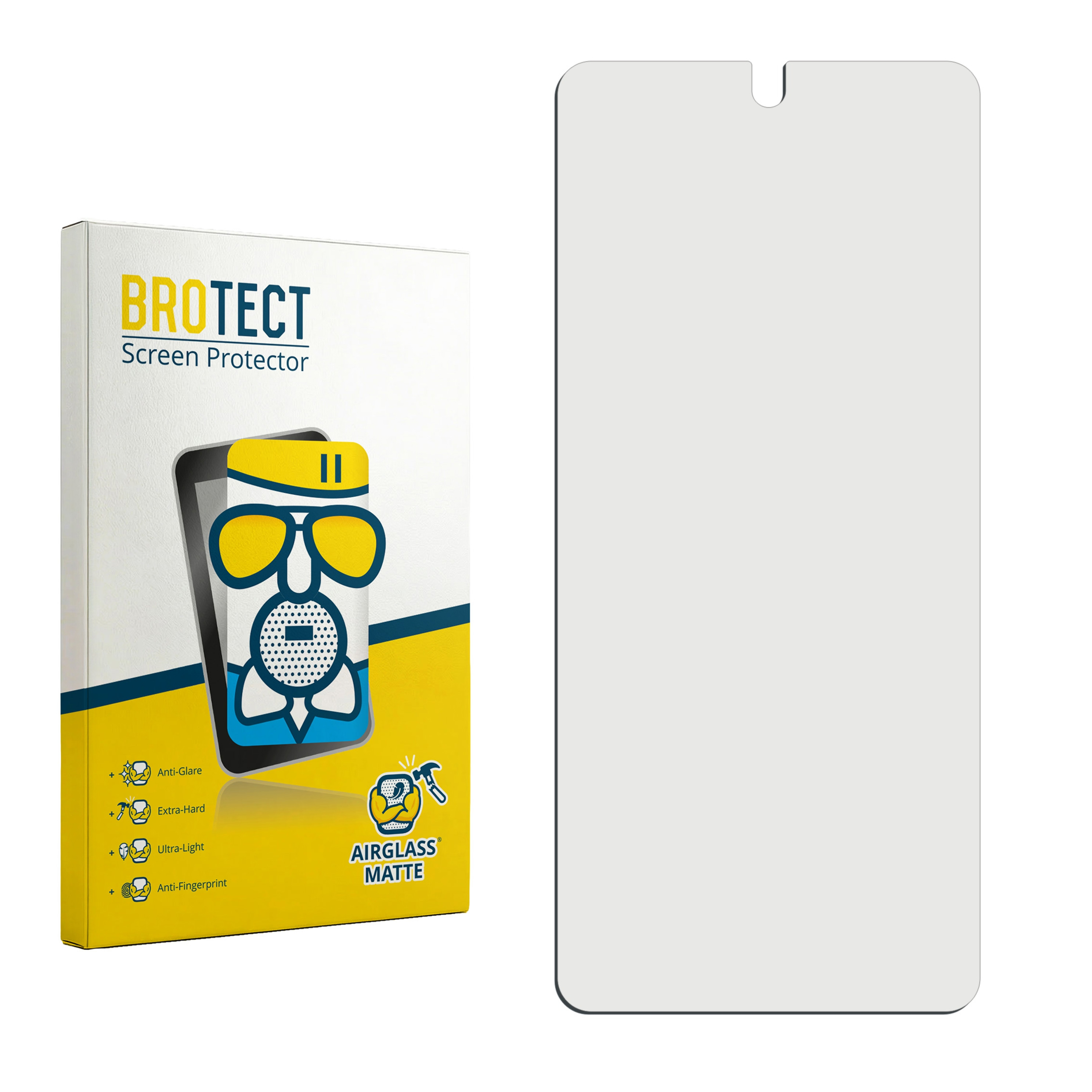 Verpackung und eine Schutzfolie für ein Smartphone. Die Verpackung ist weiß mit gelben Akzenten.