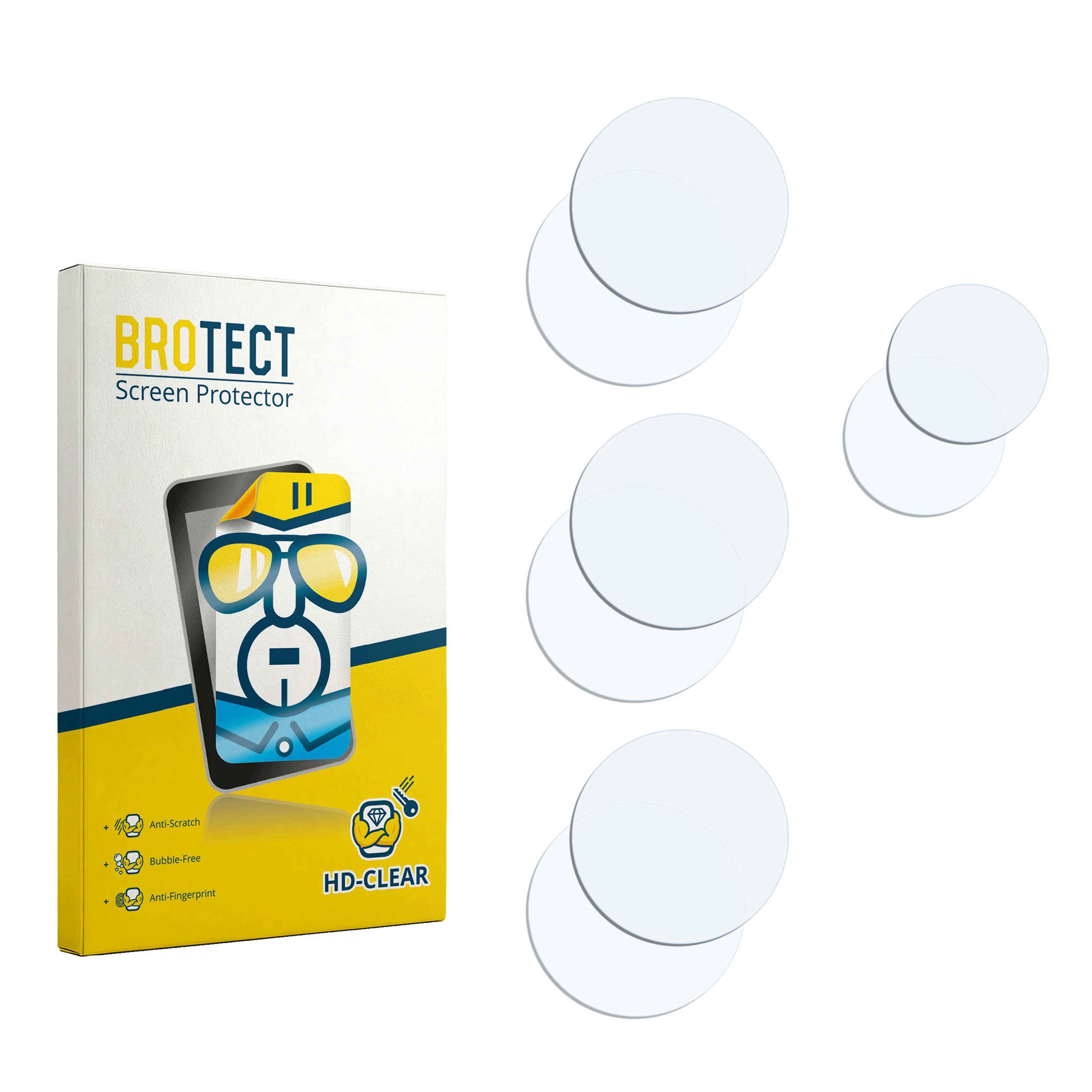 BROTECT Displayschutzfolien-Verpackung mit Merkmalen, fünf runde Folien.