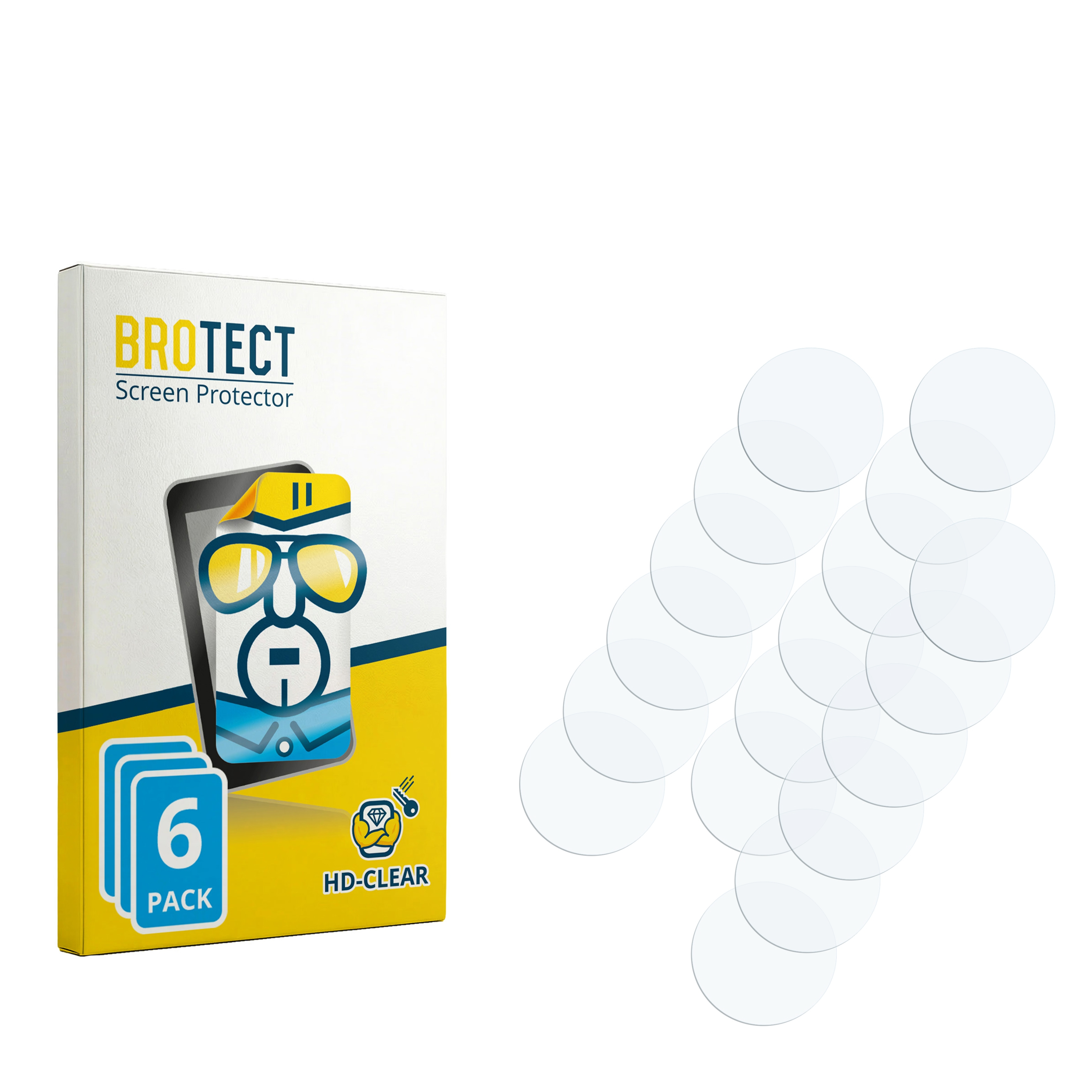 Verpackung für Displayschutzfolien mit 6 Stück, daneben Kreise.