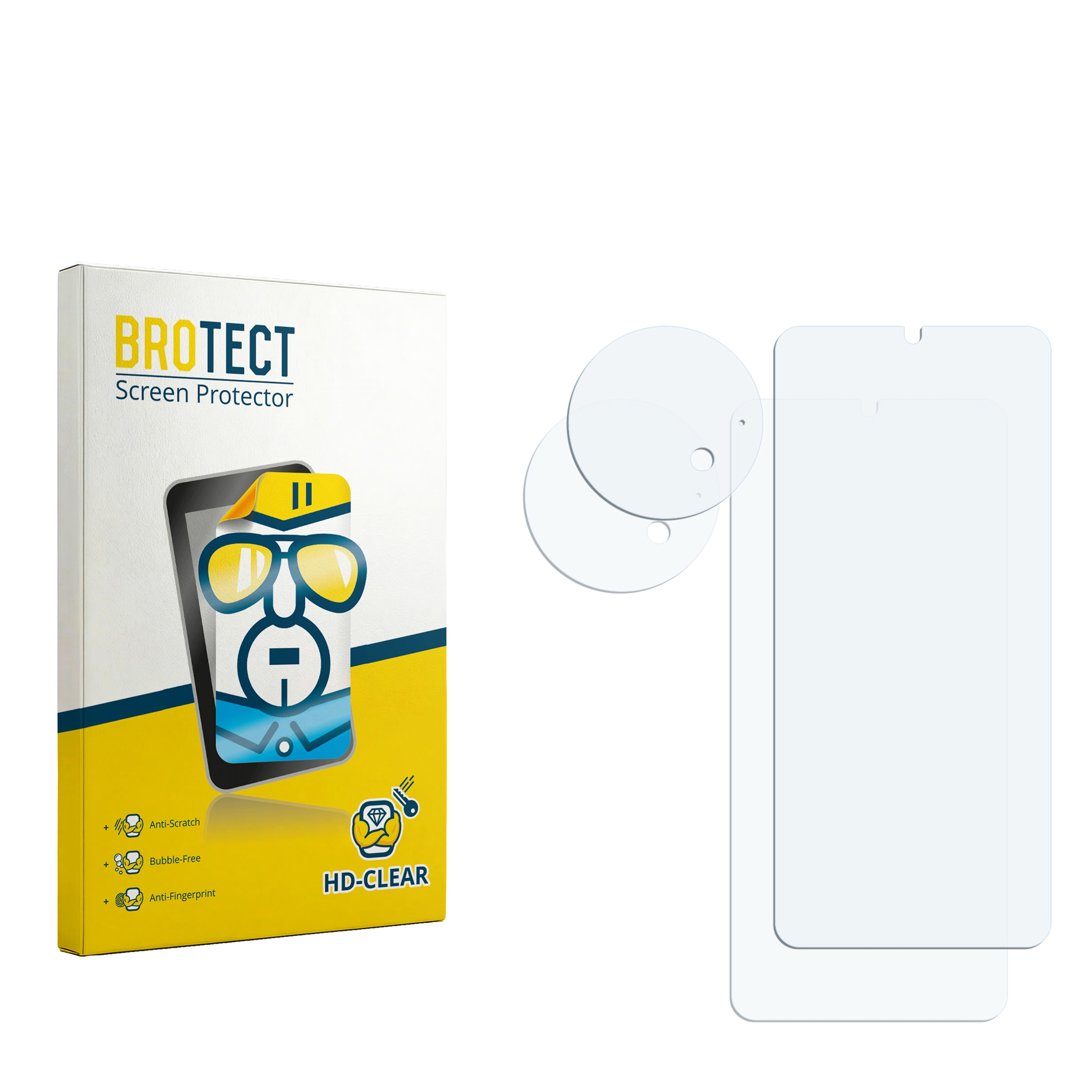 BROTECT Displayschutzfolie-Verpackung mit zwei Folien und runden Schutzfolien.